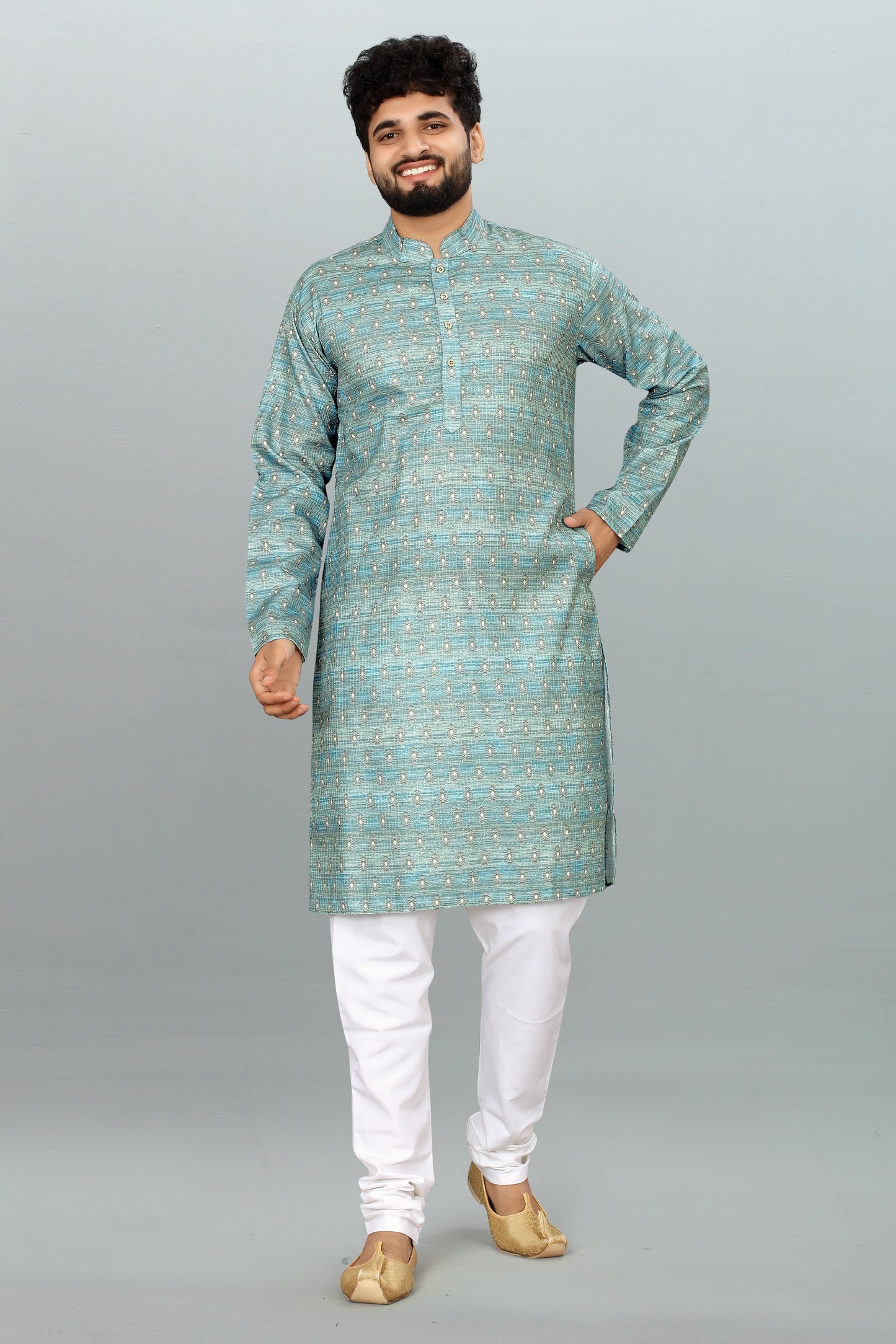 Men's Light Blue Printed And Cross Work Embroidered Kurta