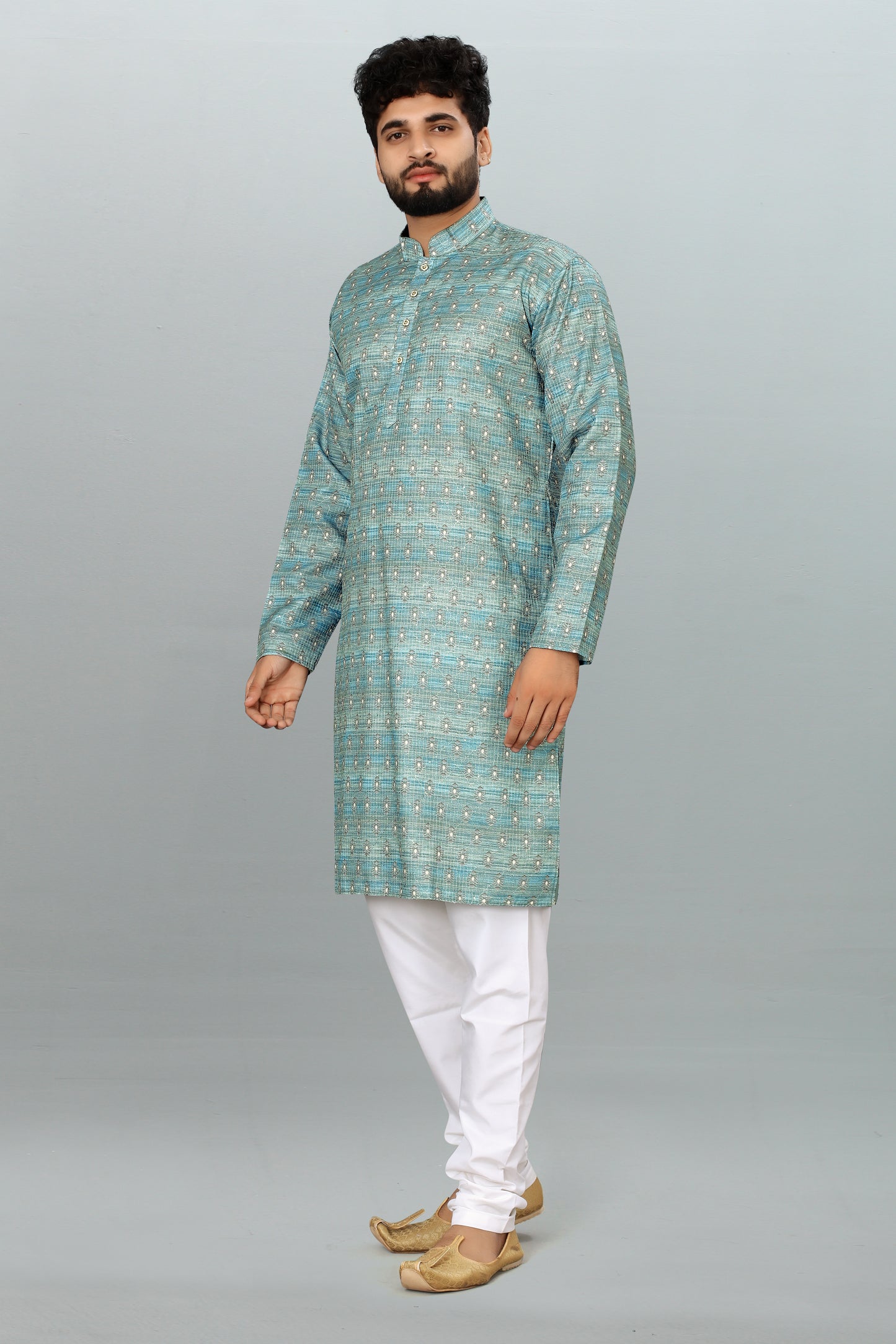 Men's Light Blue Printed And Cross Work Embroidered Kurta