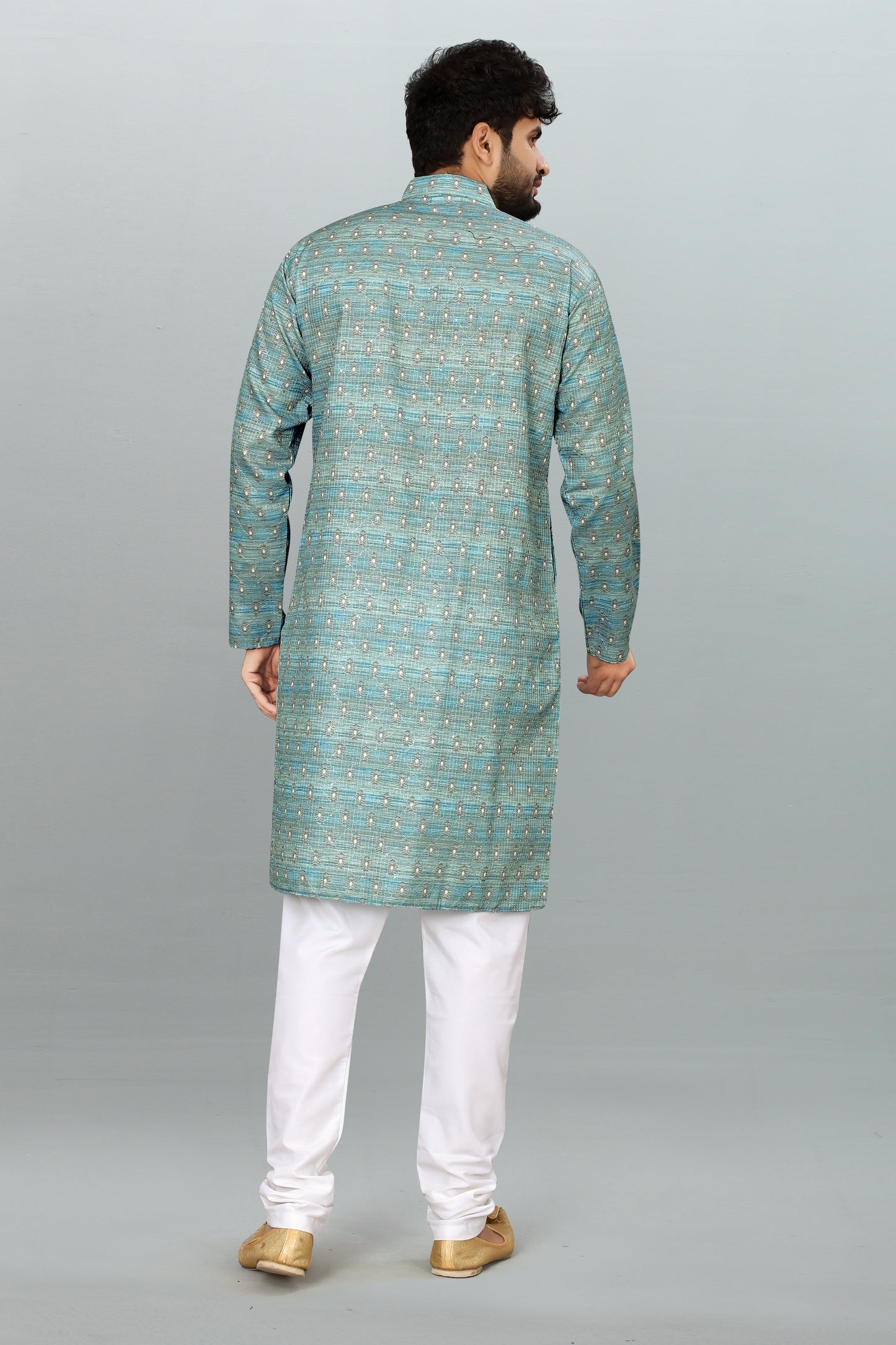 Men's Light Blue Printed And Cross Work Embroidered Kurta