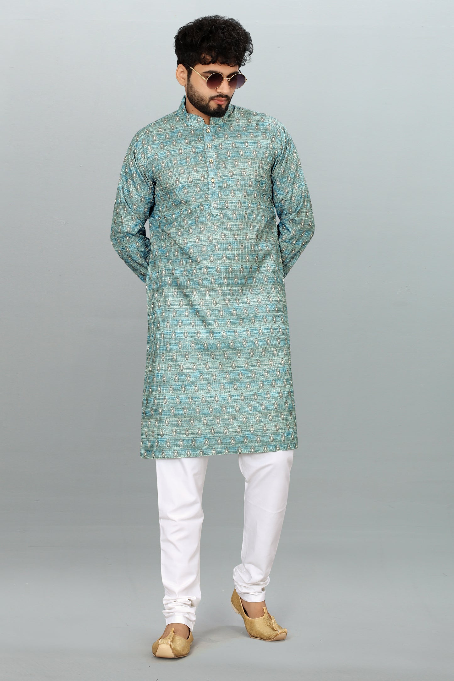 Men's Light Blue Printed And Cross Work Embroidered Kurta