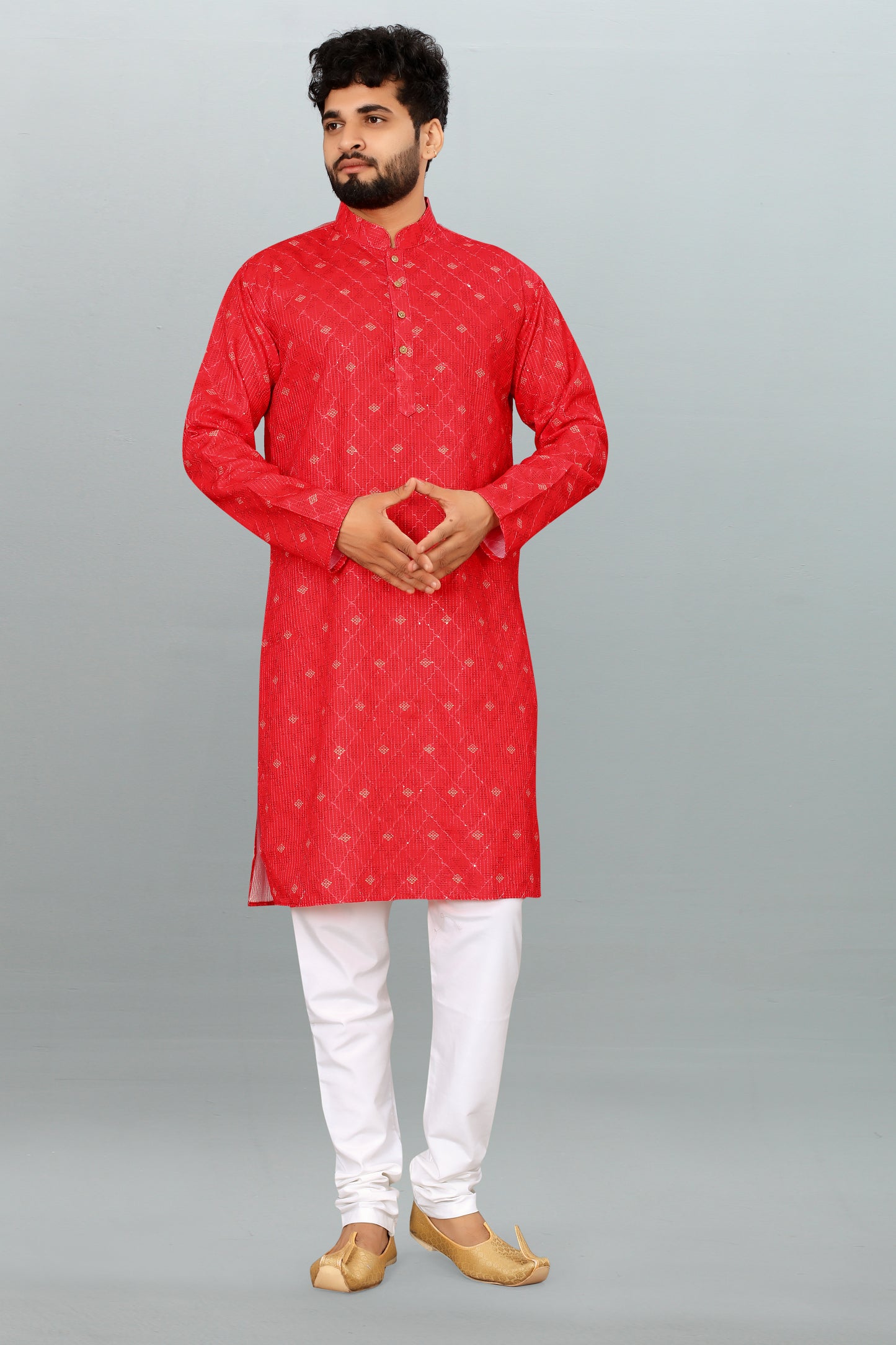 Men's Red Printed And Cross Work Embroidered Kurta