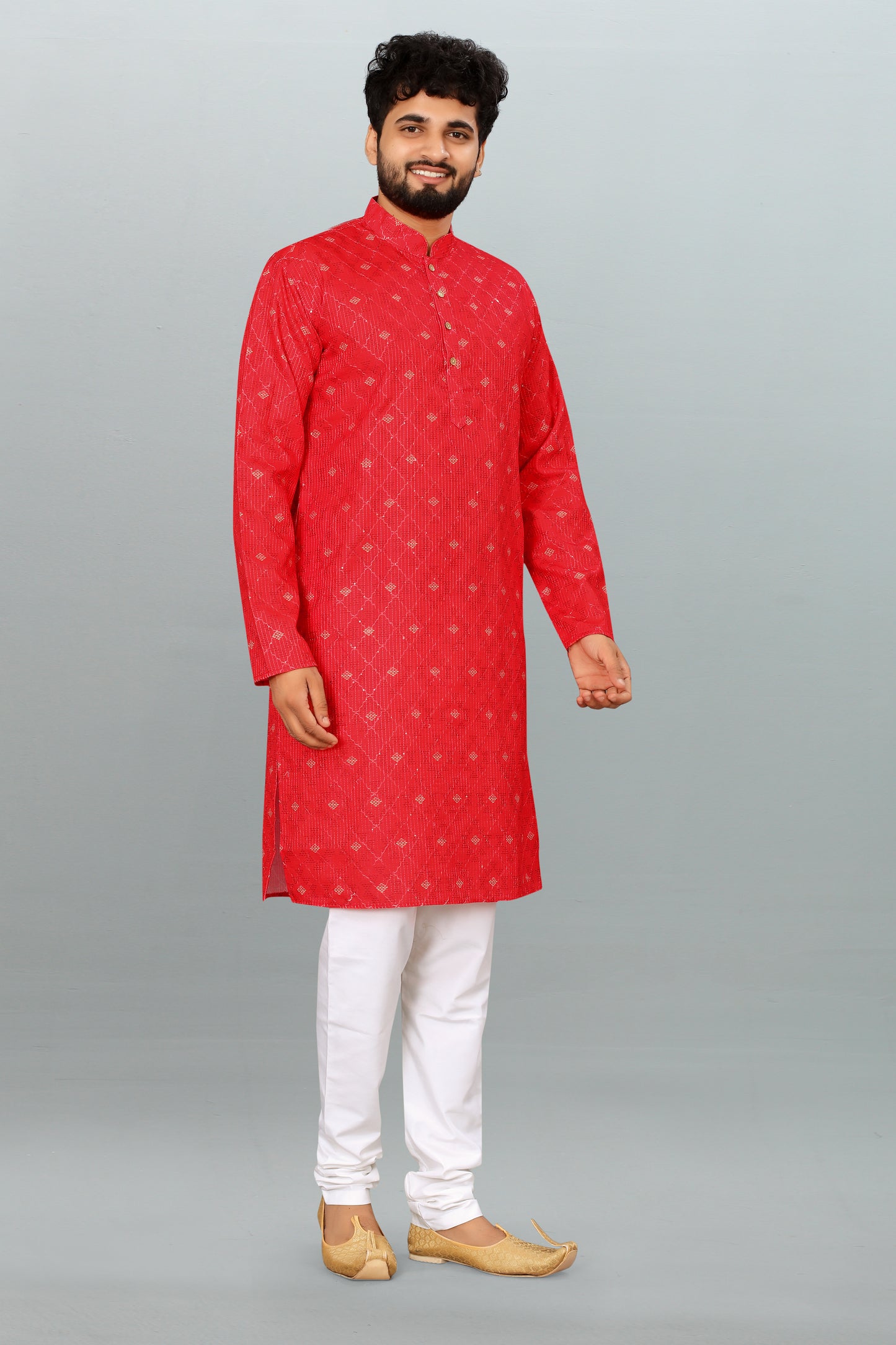 Men's Red Printed And Cross Work Embroidered Kurta