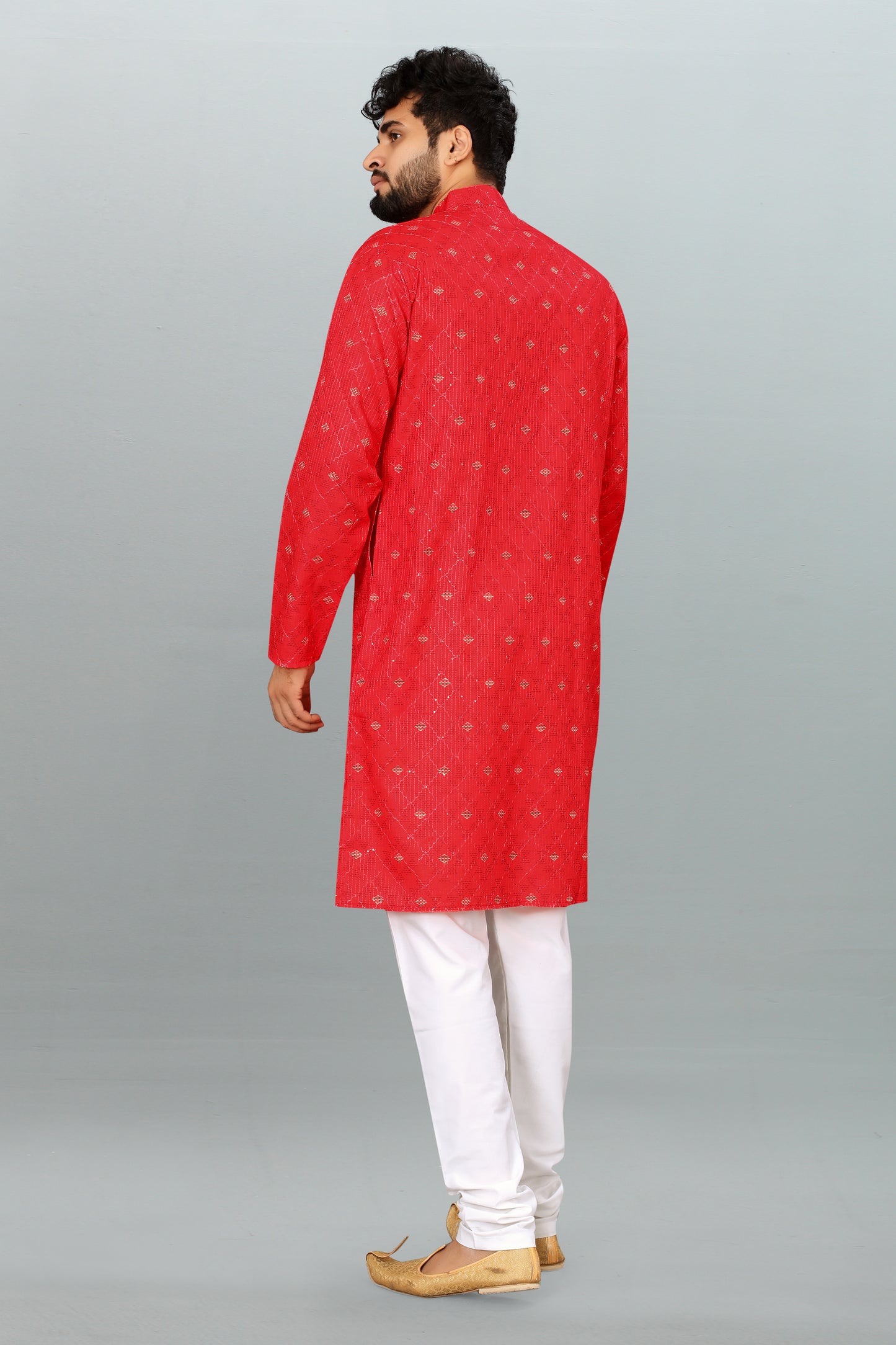 Men's Red Printed And Cross Work Embroidered Kurta