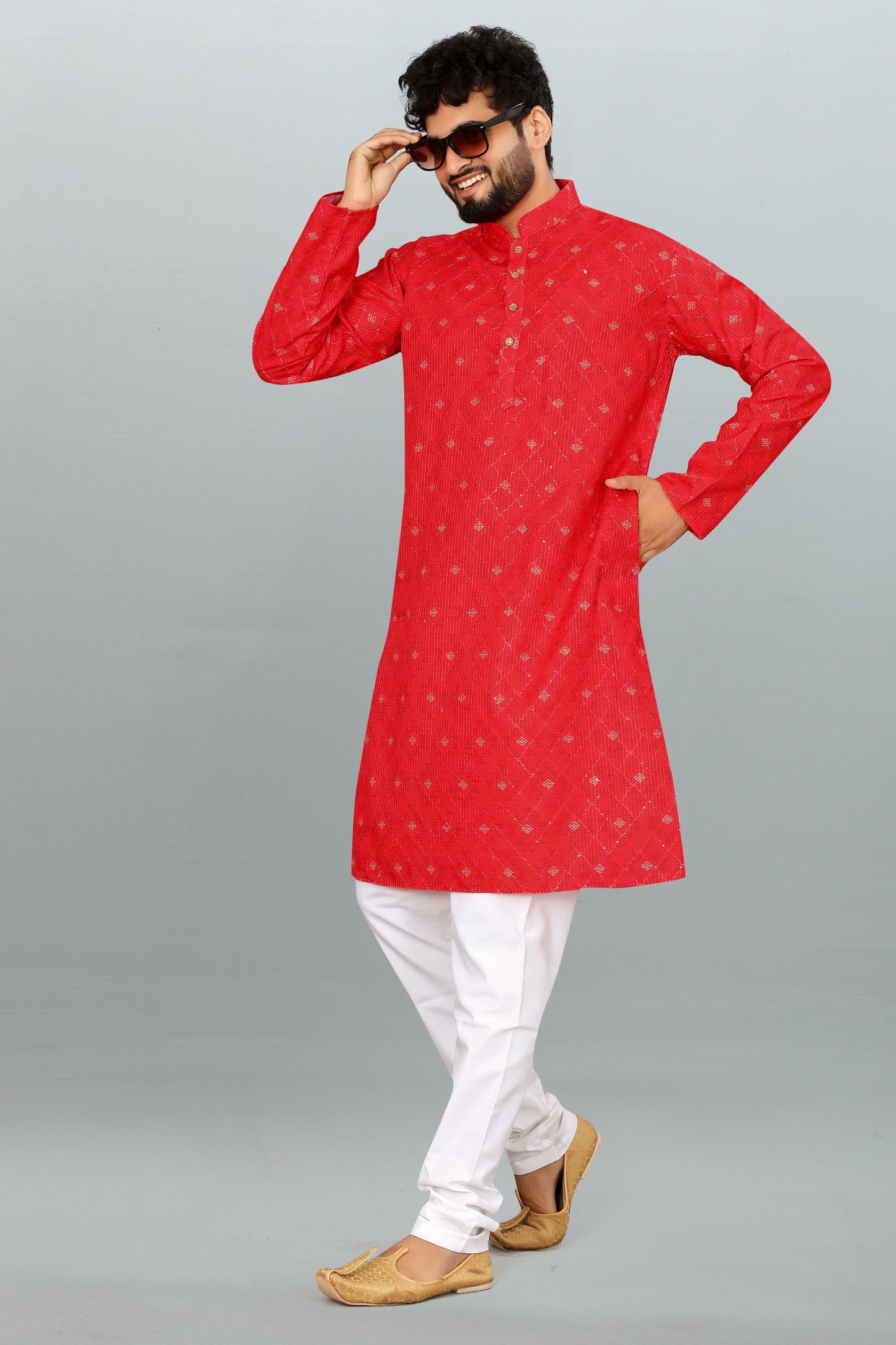 Men's Red Printed And Cross Work Embroidered Kurta