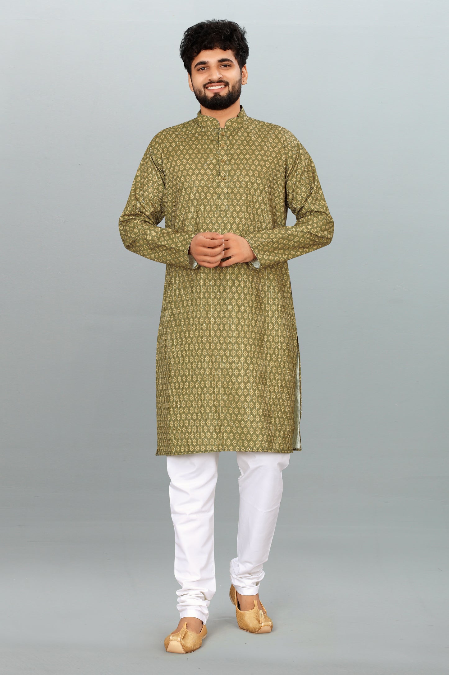 Men's Mehndi Printed And Cross Work Embroidered Kurta