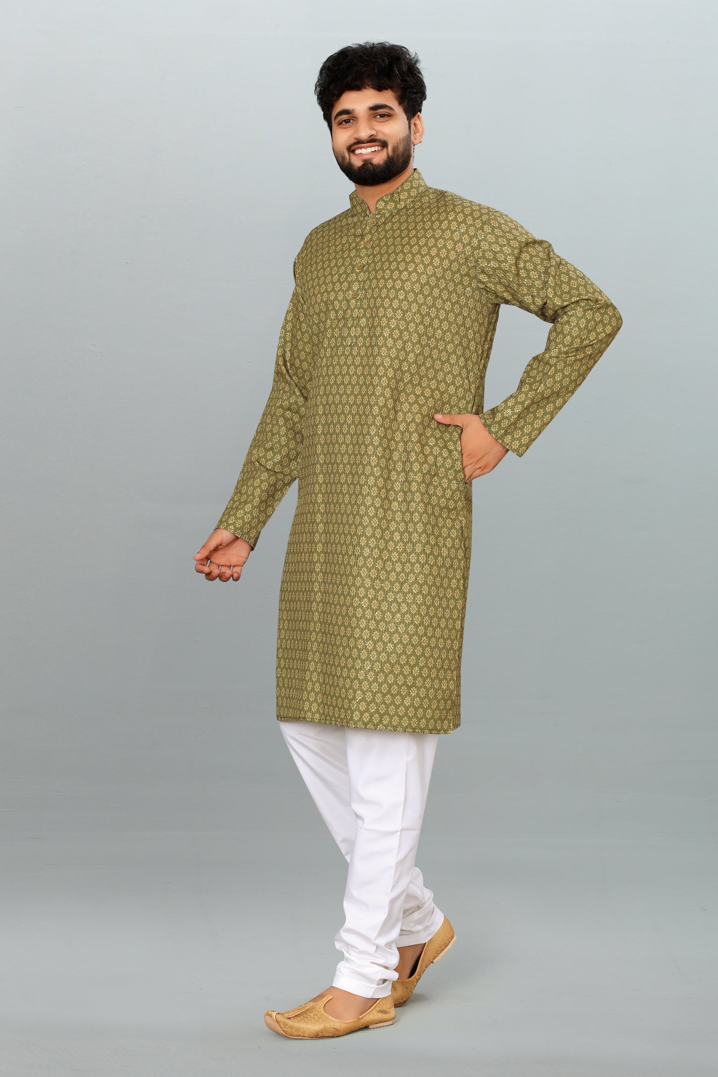 Men's Mehndi Printed And Cross Work Embroidered Kurta