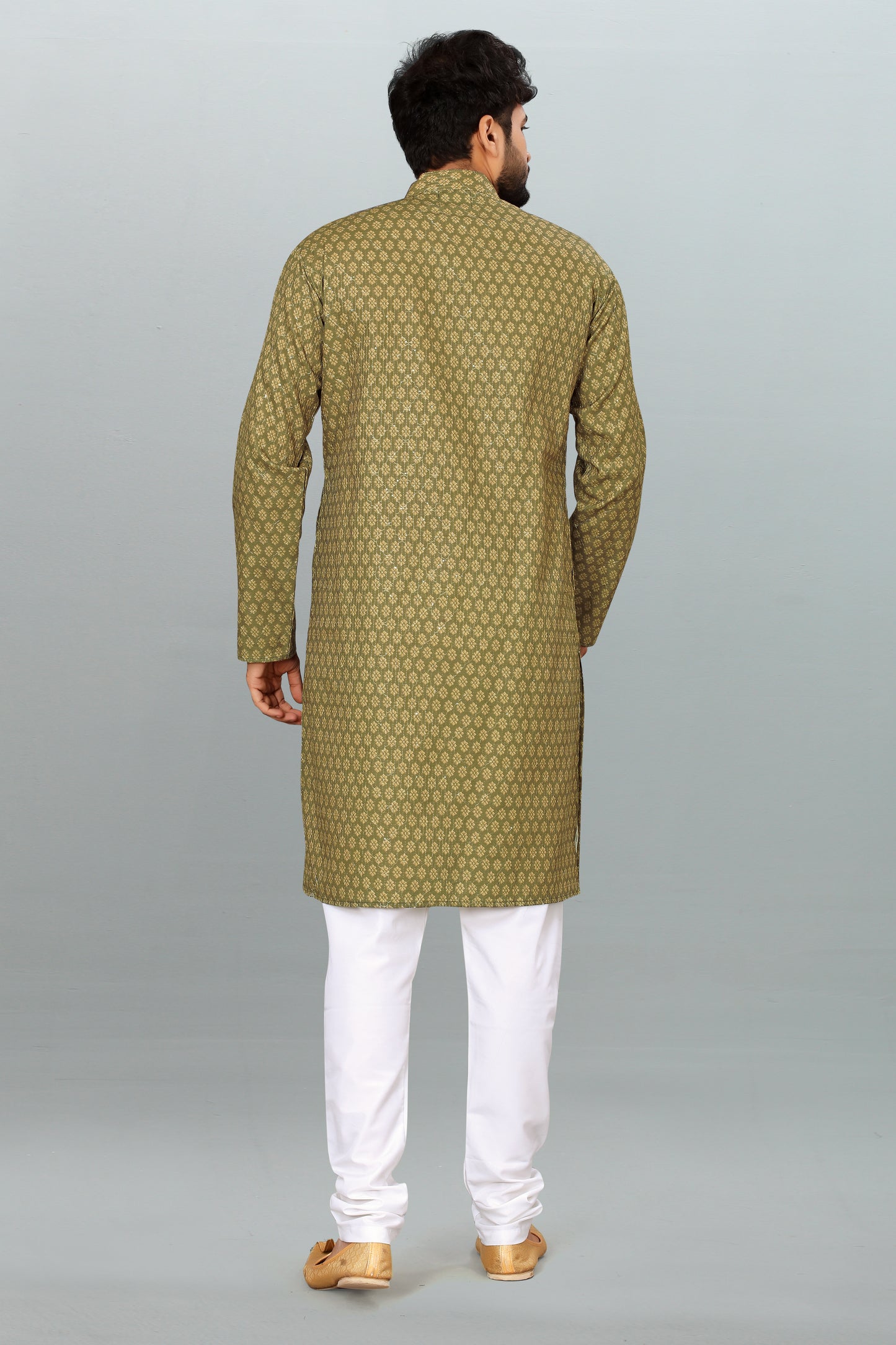 Men's Mehndi Printed And Cross Work Embroidered Kurta