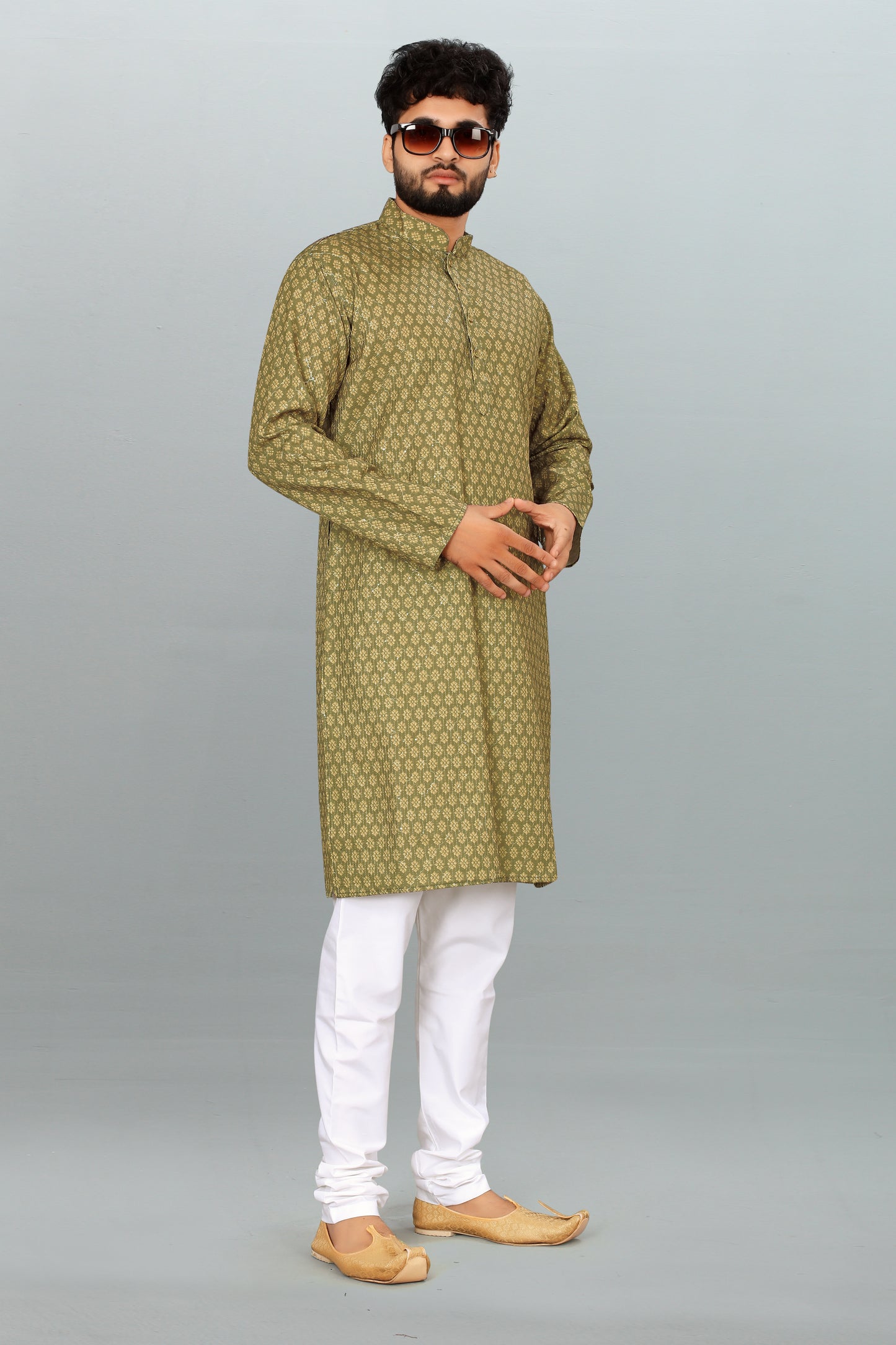 Men's Mehndi Printed And Cross Work Embroidered Kurta