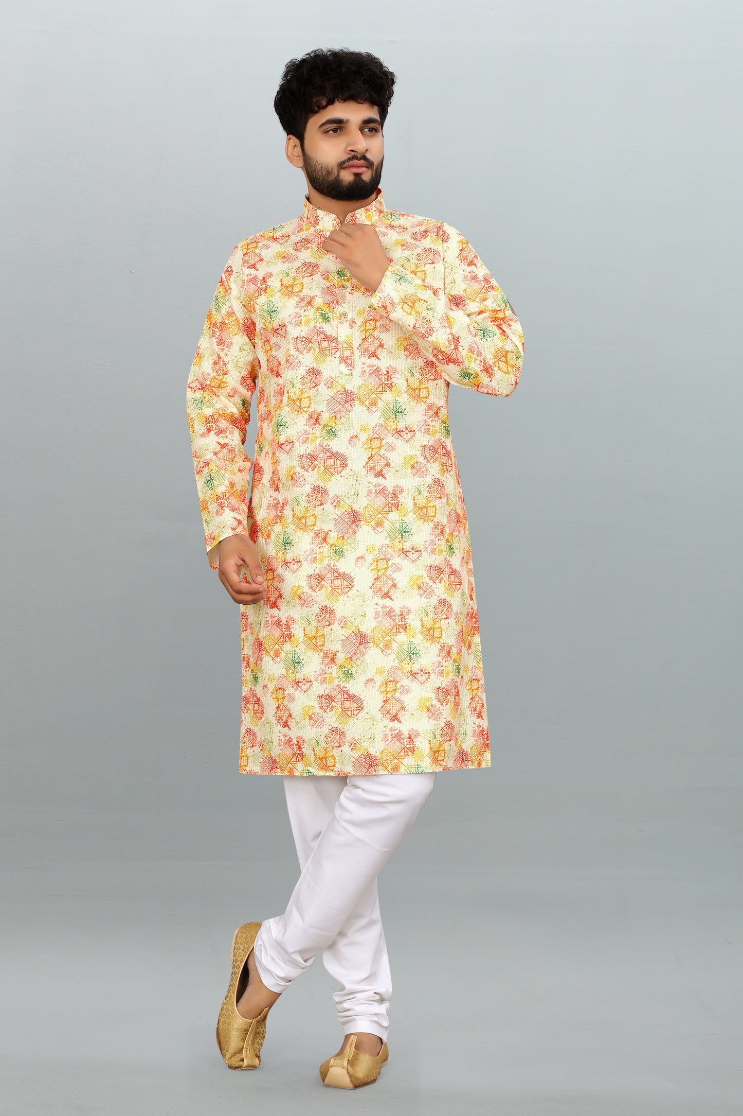 Men's Multicolor Printed And Cross Work Embroidered Kurta