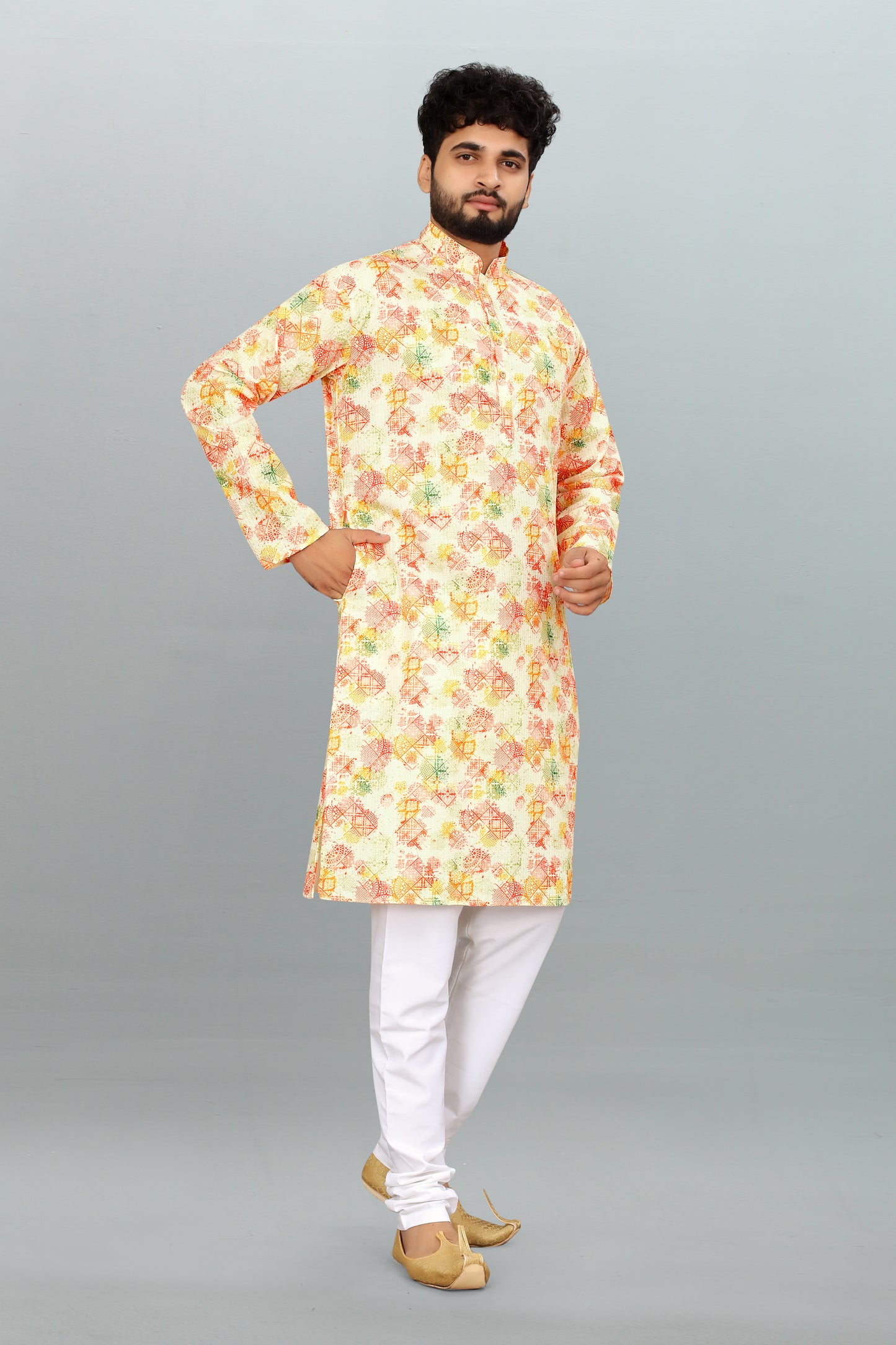 Men's Multicolor Printed And Cross Work Embroidered Kurta