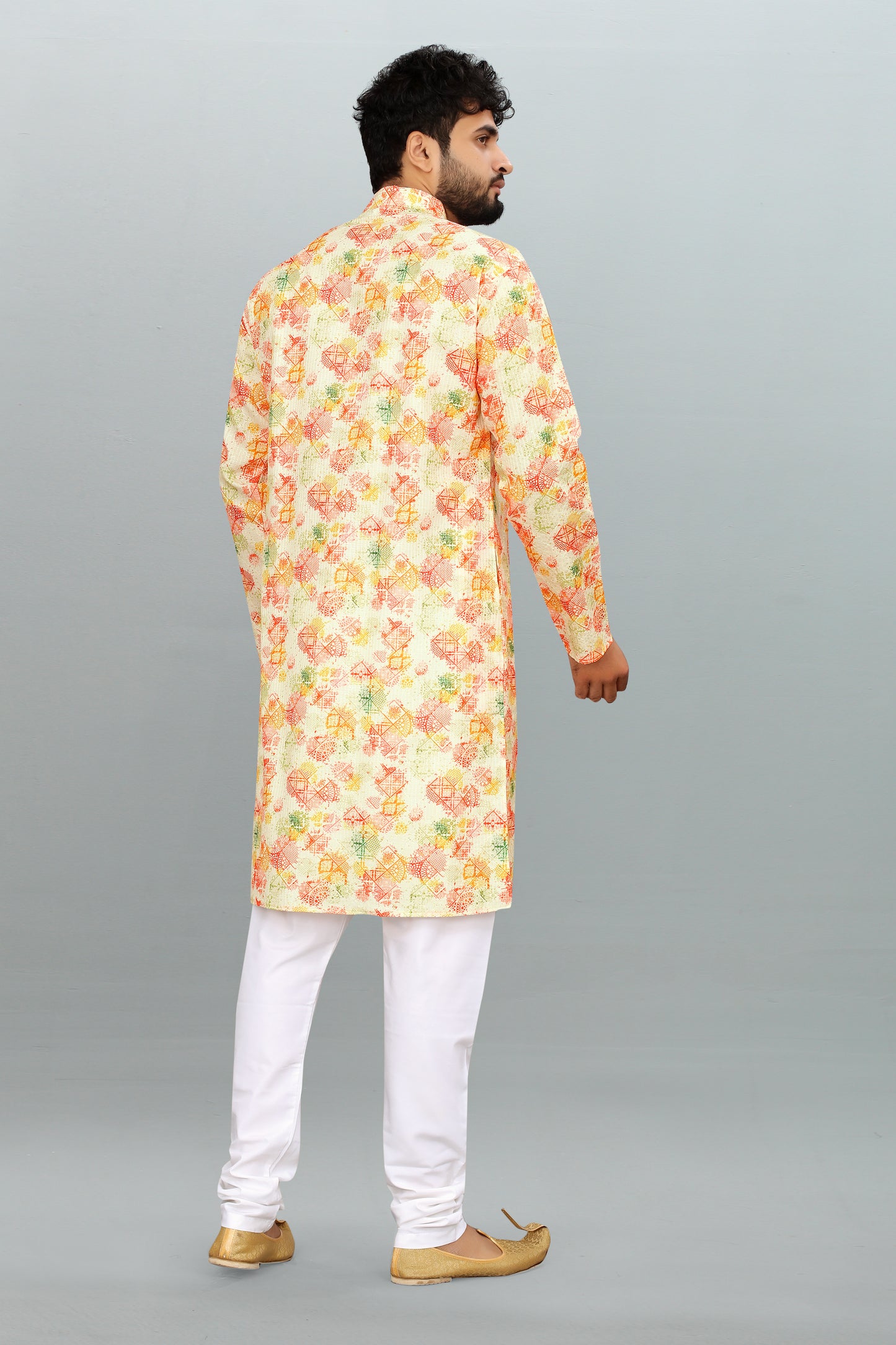 Men's Multicolor Printed And Cross Work Embroidered Kurta