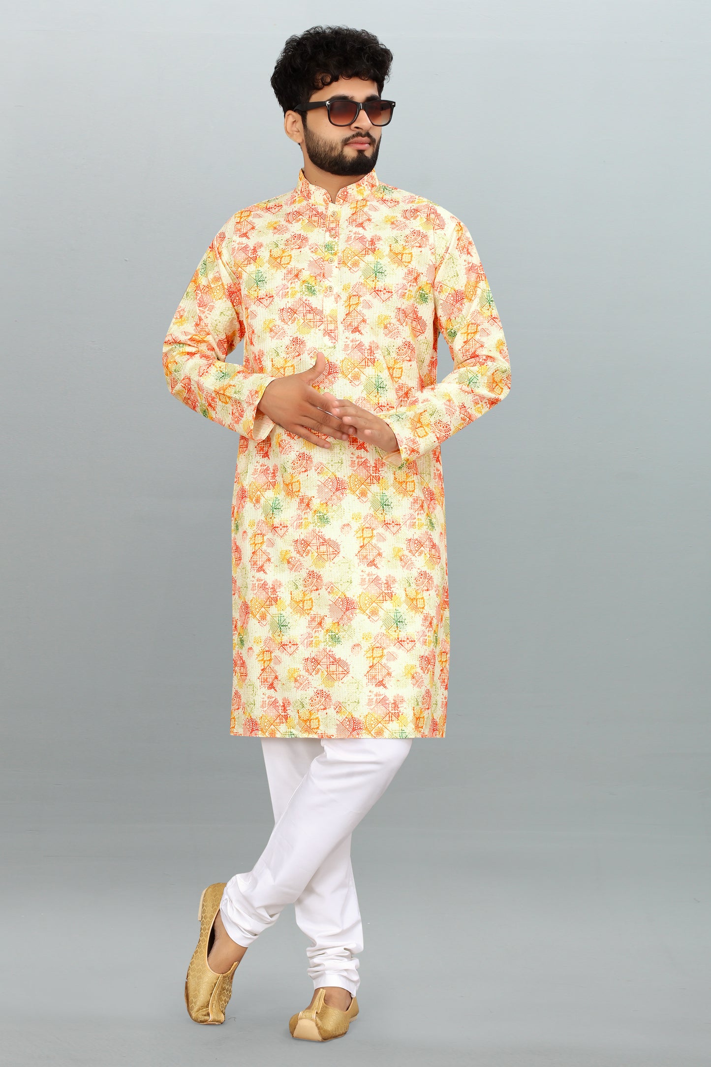 Men's Multicolor Printed And Cross Work Embroidered Kurta