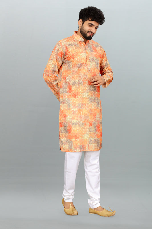 Men's Orange Digital Printed Lakhnavi Kurta - Party Wear & Ceremony