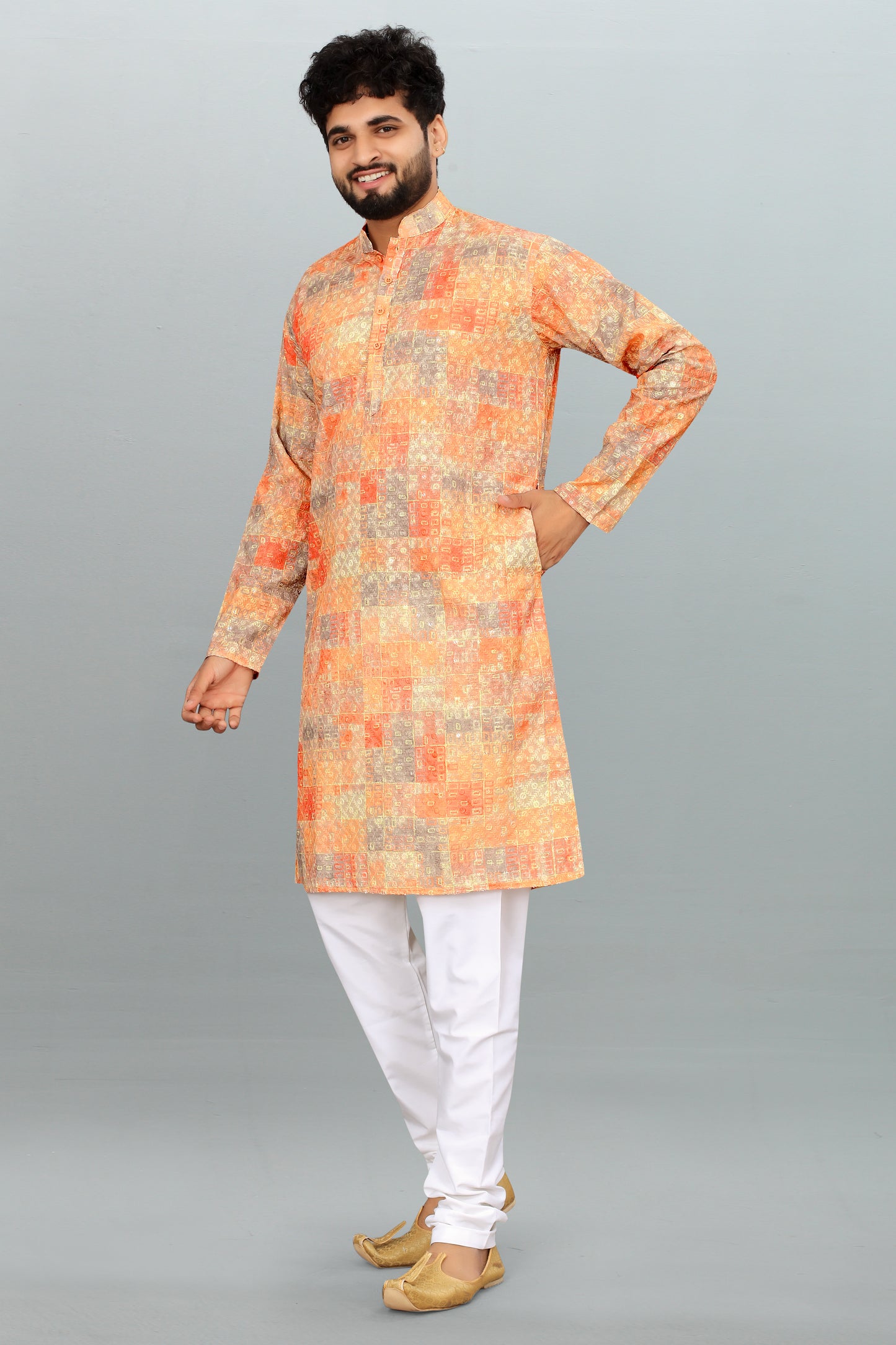 Men's Orange Digital Printed Lakhnavi Kurta - Party Wear & Ceremony