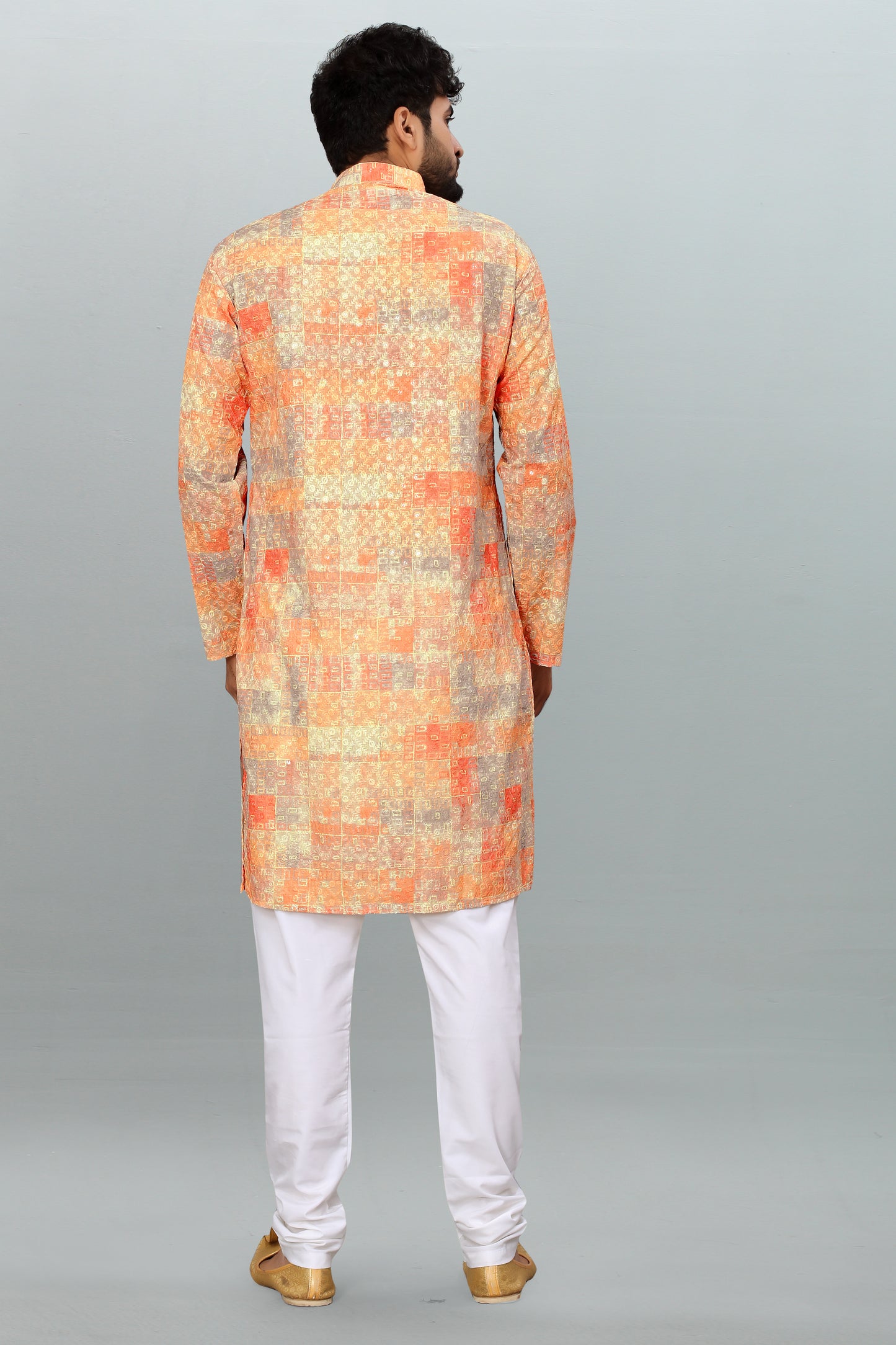 Men's Orange Digital Printed Lakhnavi Kurta - Party Wear & Ceremony