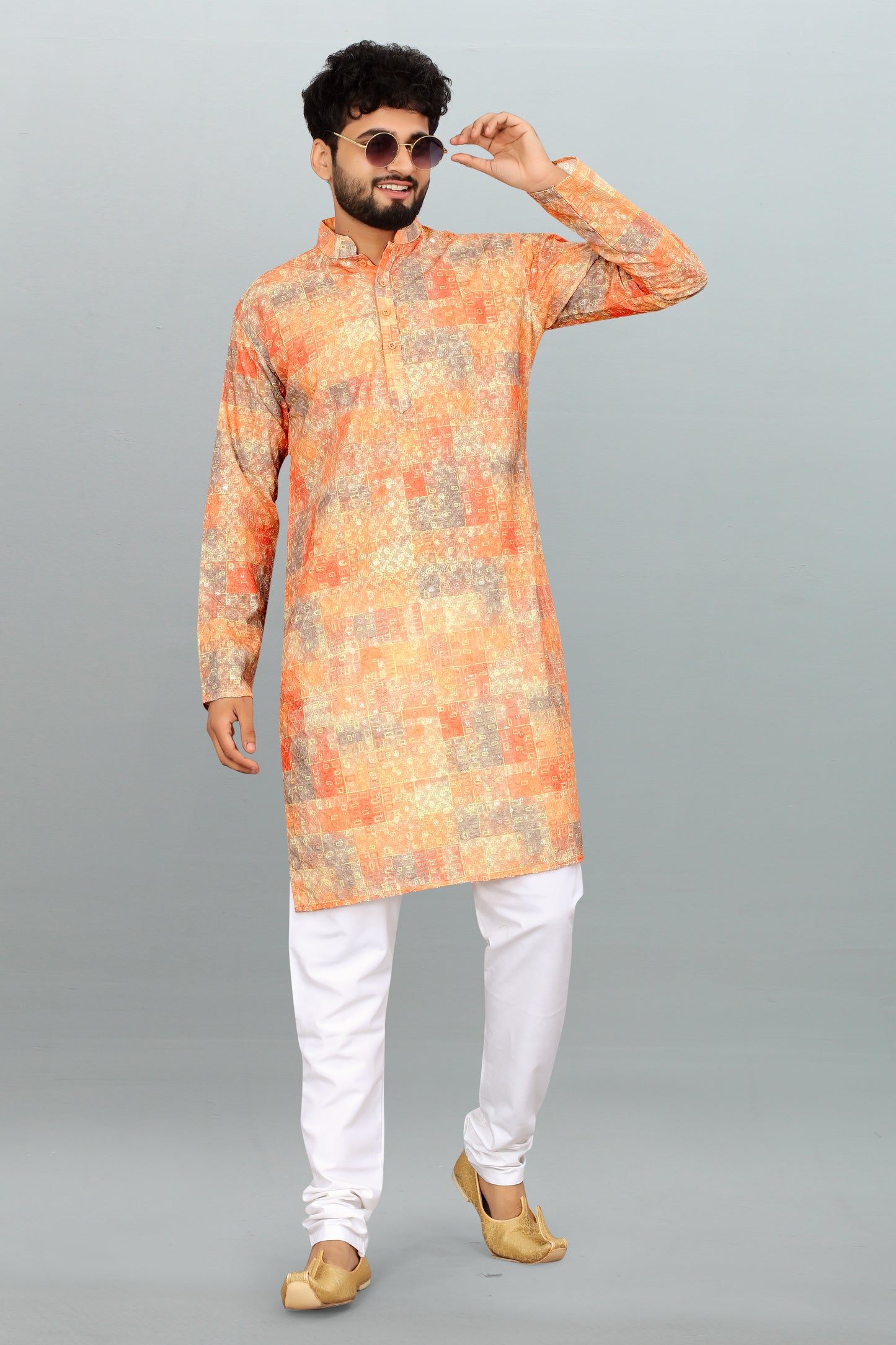 Men's Orange Digital Printed Lakhnavi Kurta - Party Wear & Ceremony