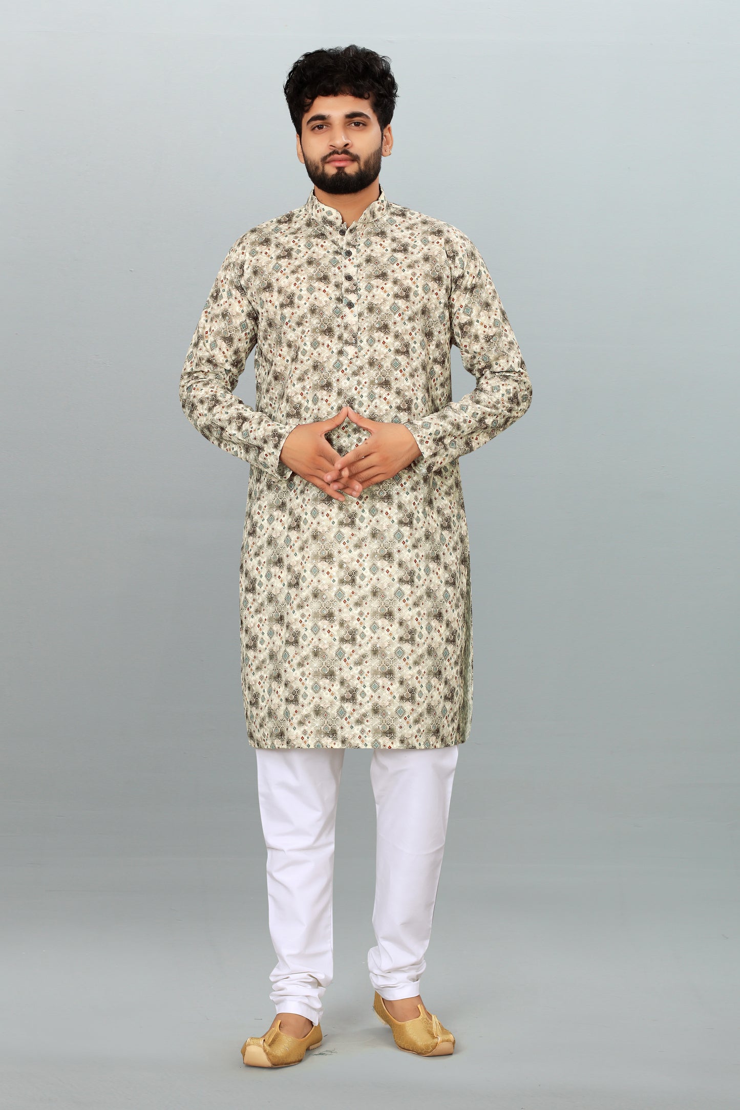 Men's Grey Cotton Kurta Pyjama with Sequin Work - Party Wear & Casual