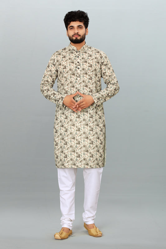 Men's Grey Cotton Kurta Pyjama with Sequin Work - Party Wear & Casual