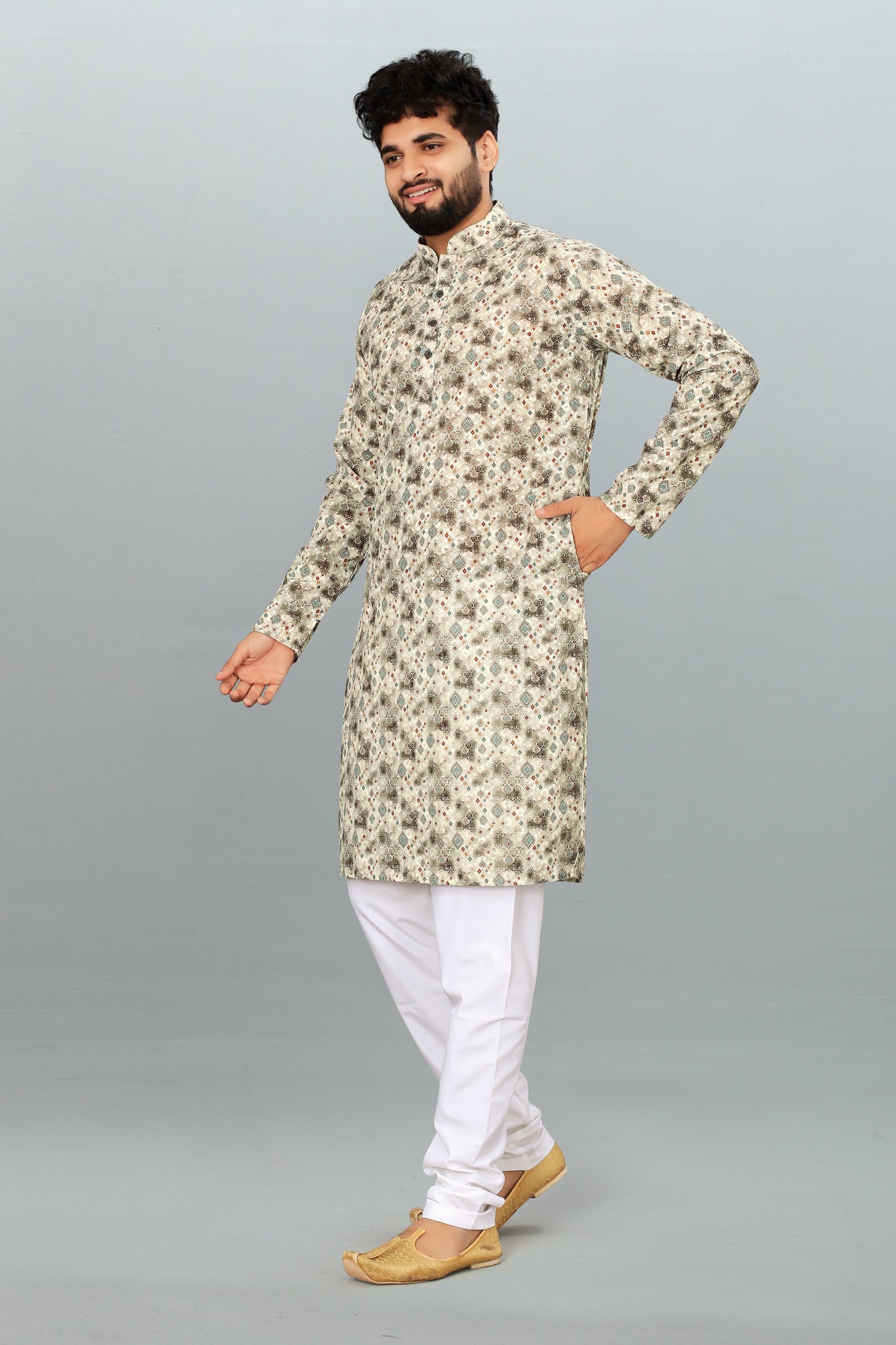 Men's Grey Cotton Kurta Pyjama with Sequin Work - Party Wear & Casual