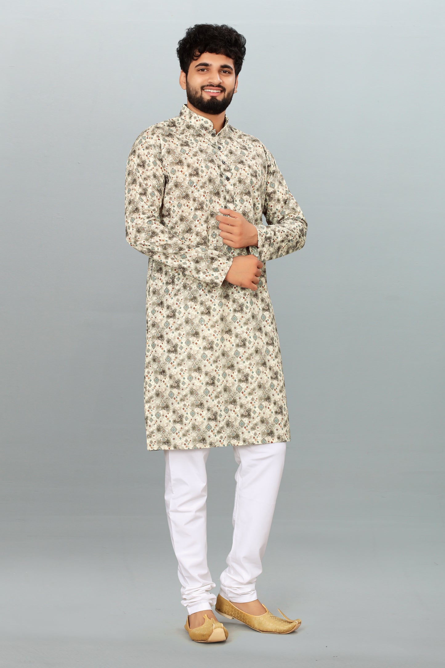 Men's Grey Cotton Kurta Pyjama with Sequin Work - Party Wear & Casual