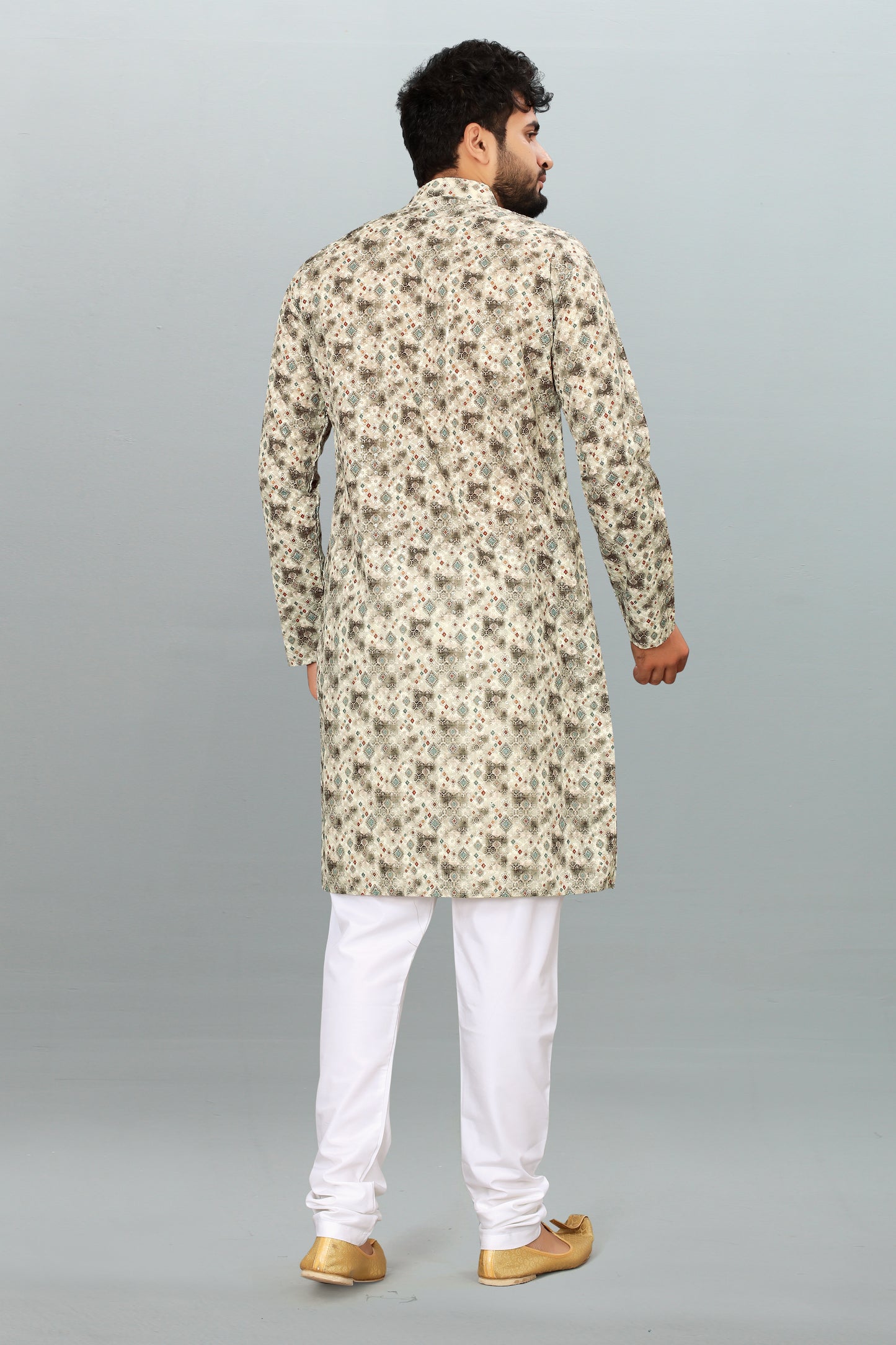 Men's Grey Cotton Kurta Pyjama with Sequin Work - Party Wear & Casual