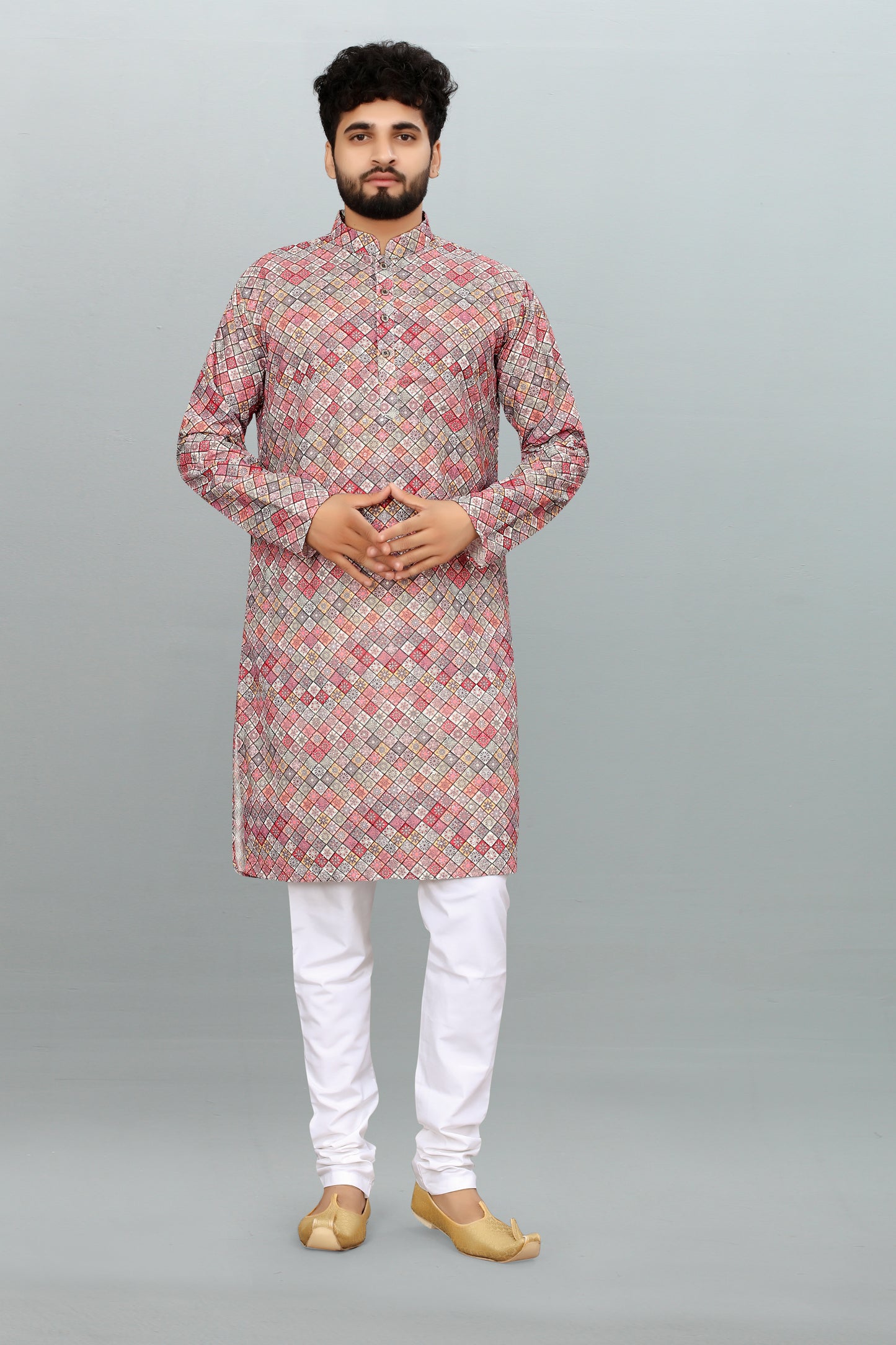 Men's Multicolor Lakhnavi Work Kurta in Rayon Cotton