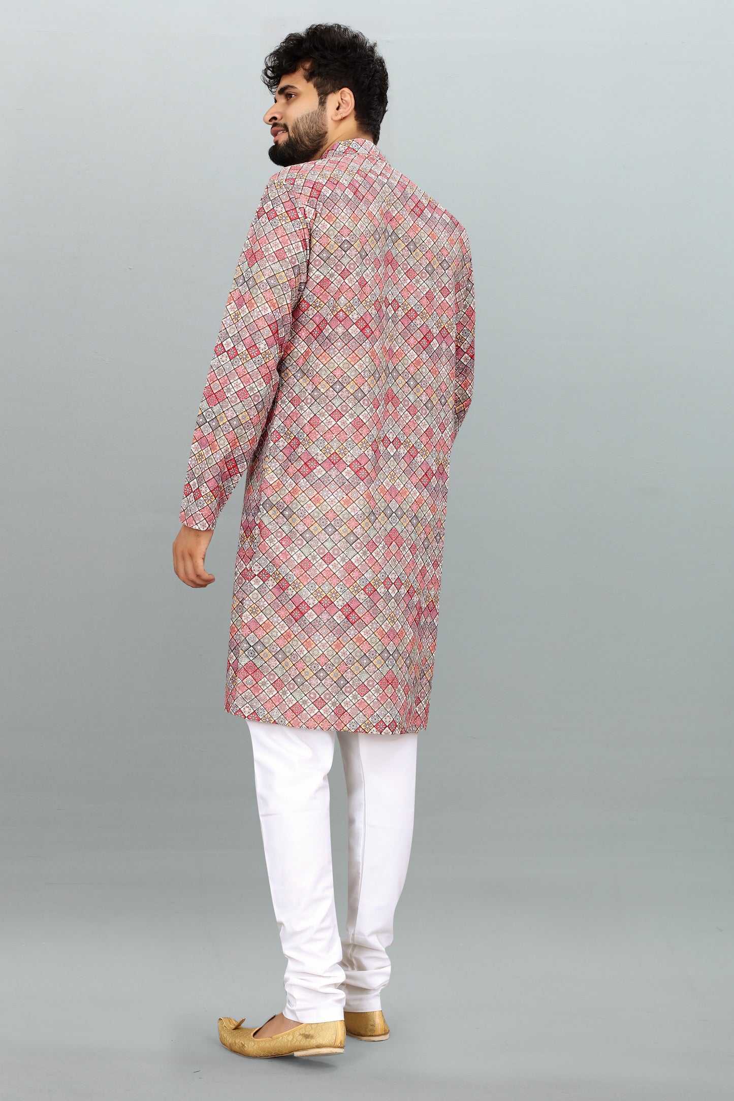 Men's Multicolor Lakhnavi Work Kurta in Rayon Cotton