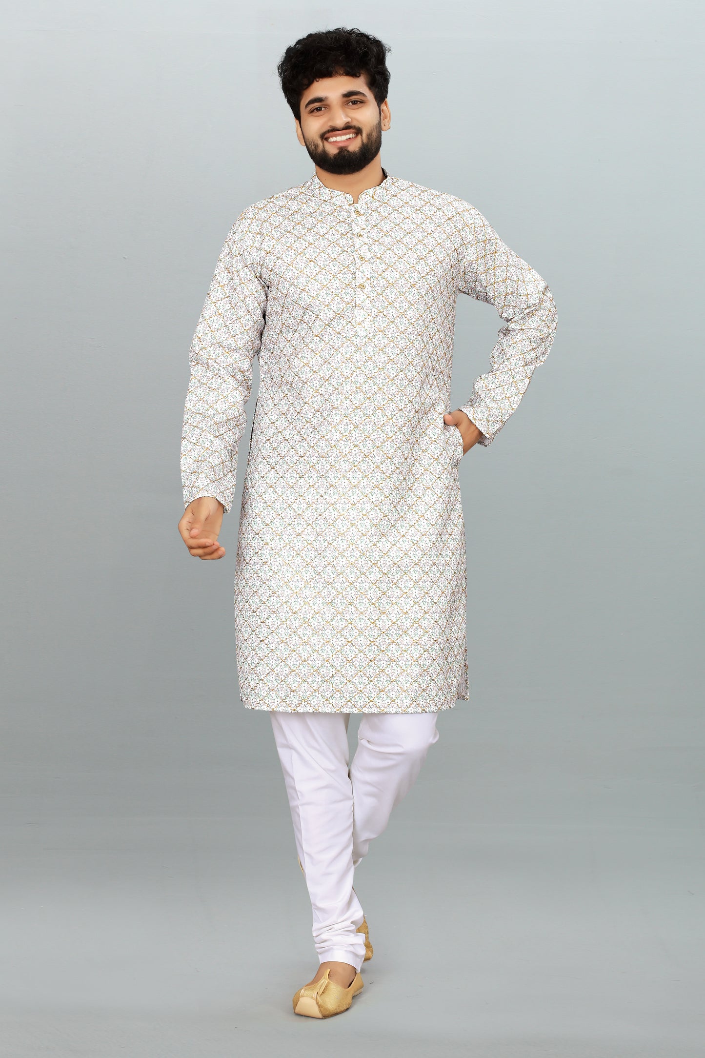 Men's White Printed And Cross Work Embroidered Kurta