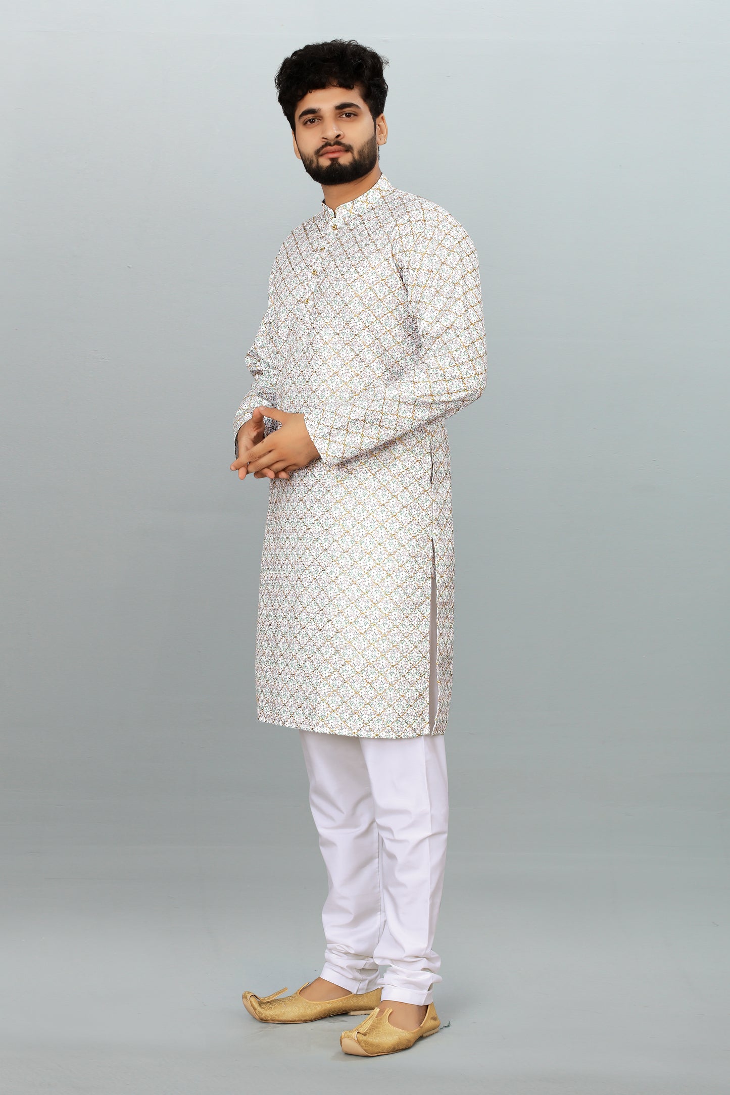 Men's White Printed And Cross Work Embroidered Kurta