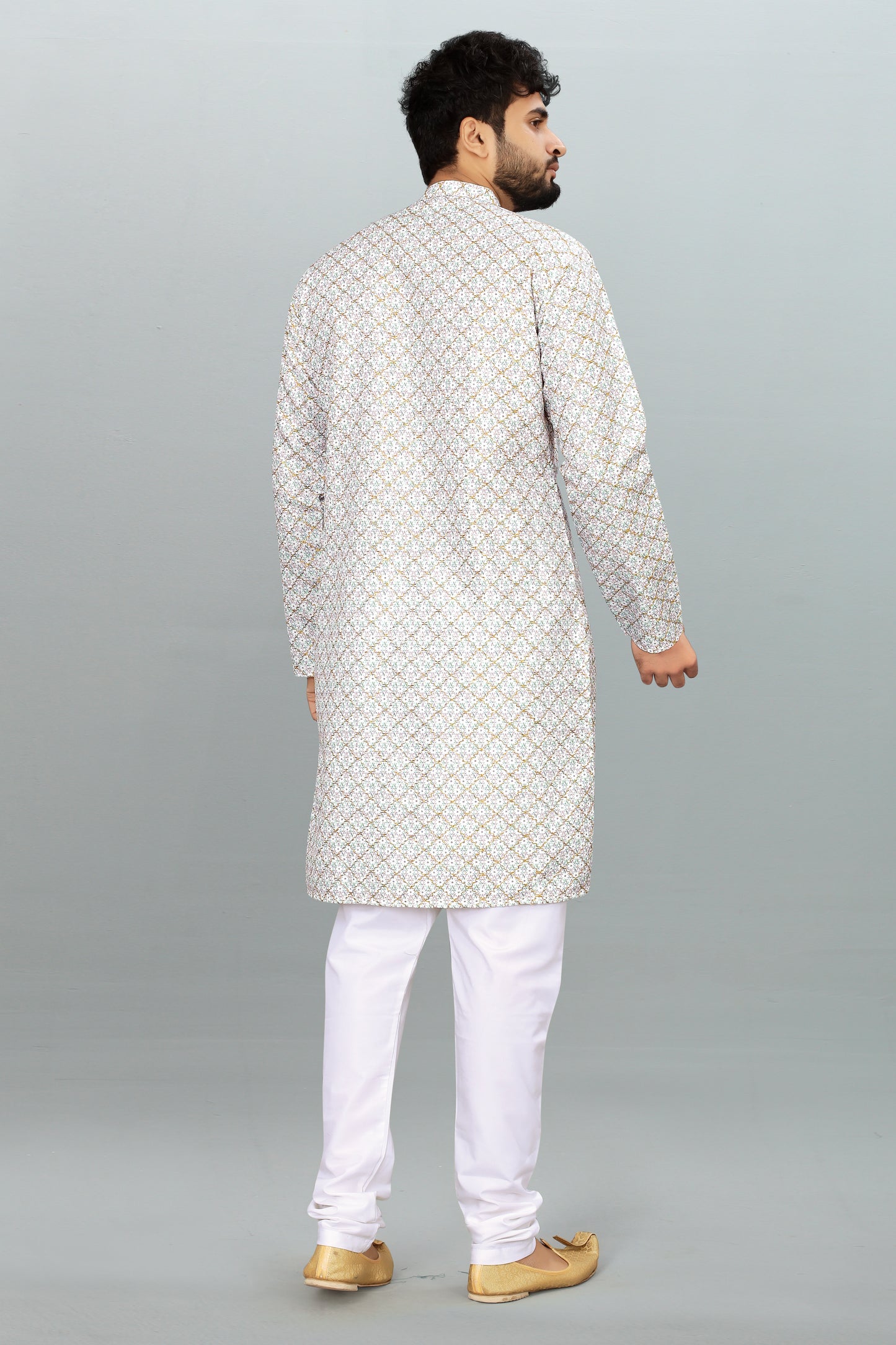 Men's White Printed And Cross Work Embroidered Kurta