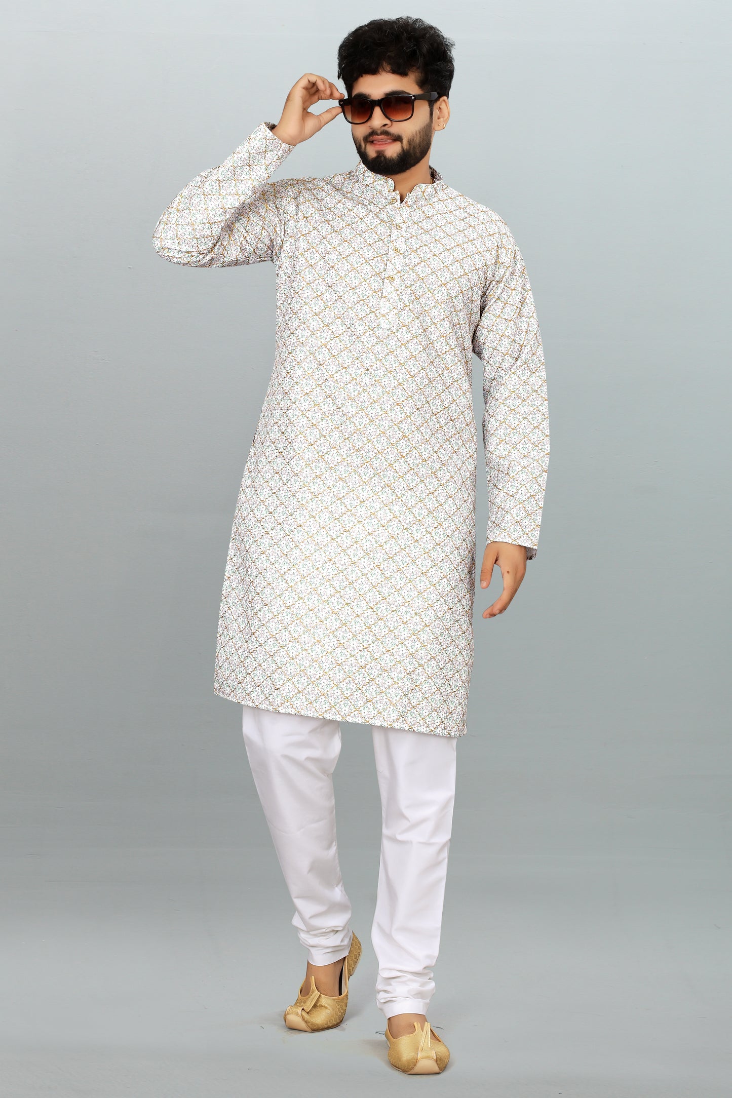 Men's White Printed And Cross Work Embroidered Kurta