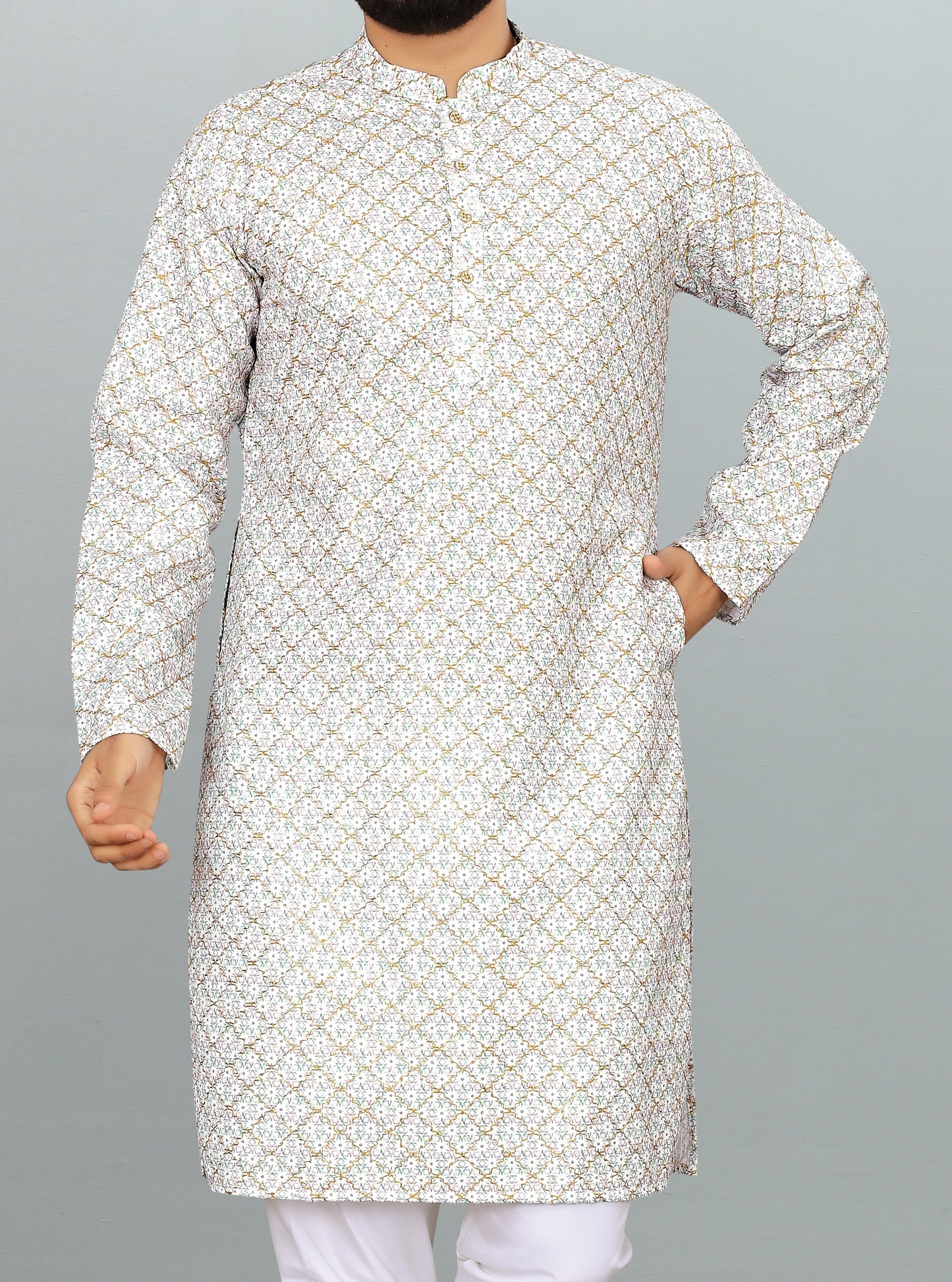 Men's White Printed And Cross Work Embroidered Kurta