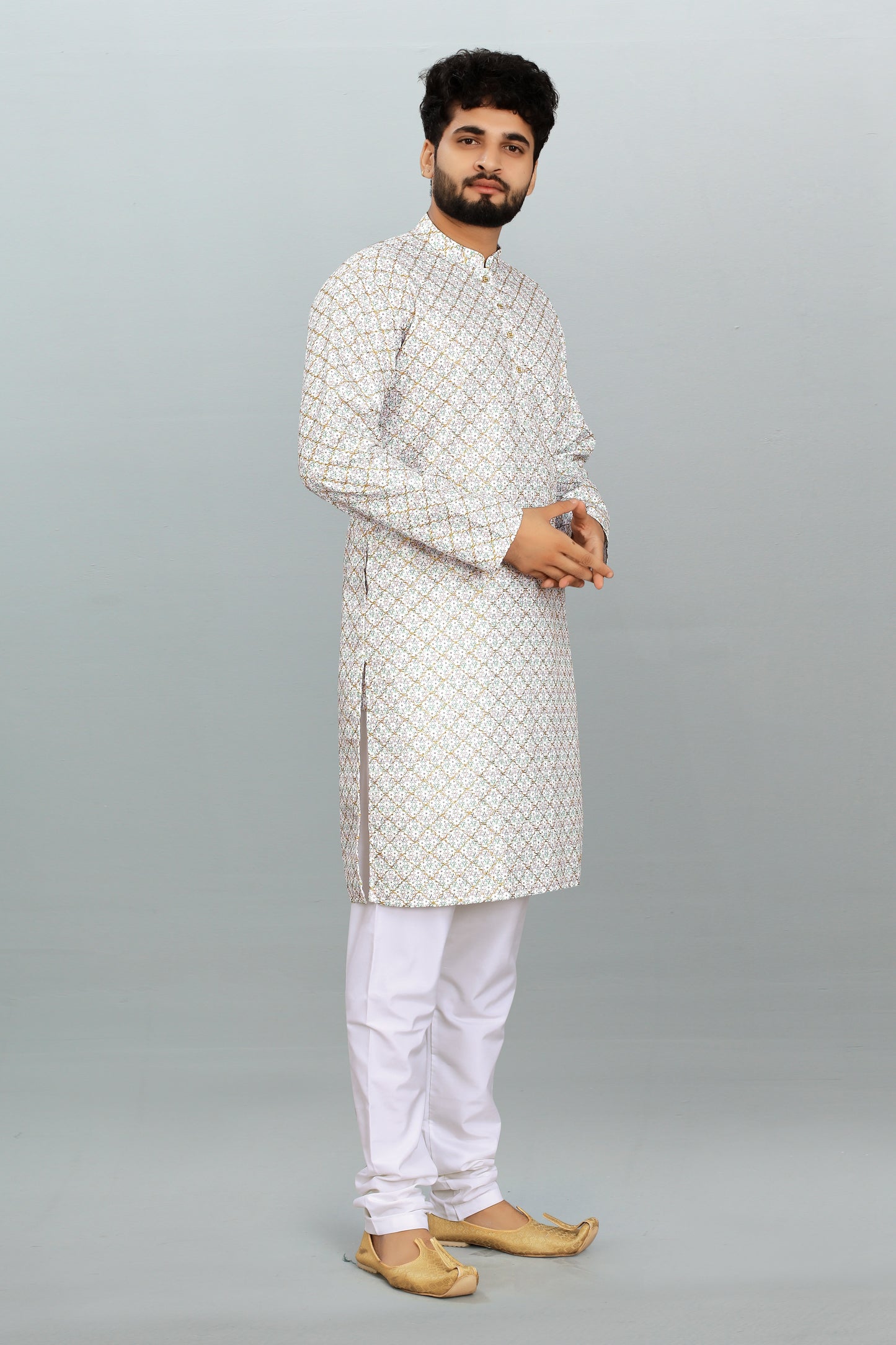 Men's White Printed And Cross Work Embroidered Kurta