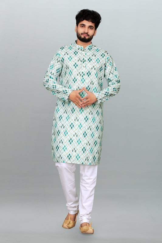 Men's White & Blue Printed And Cross Work Embroidered Kurta