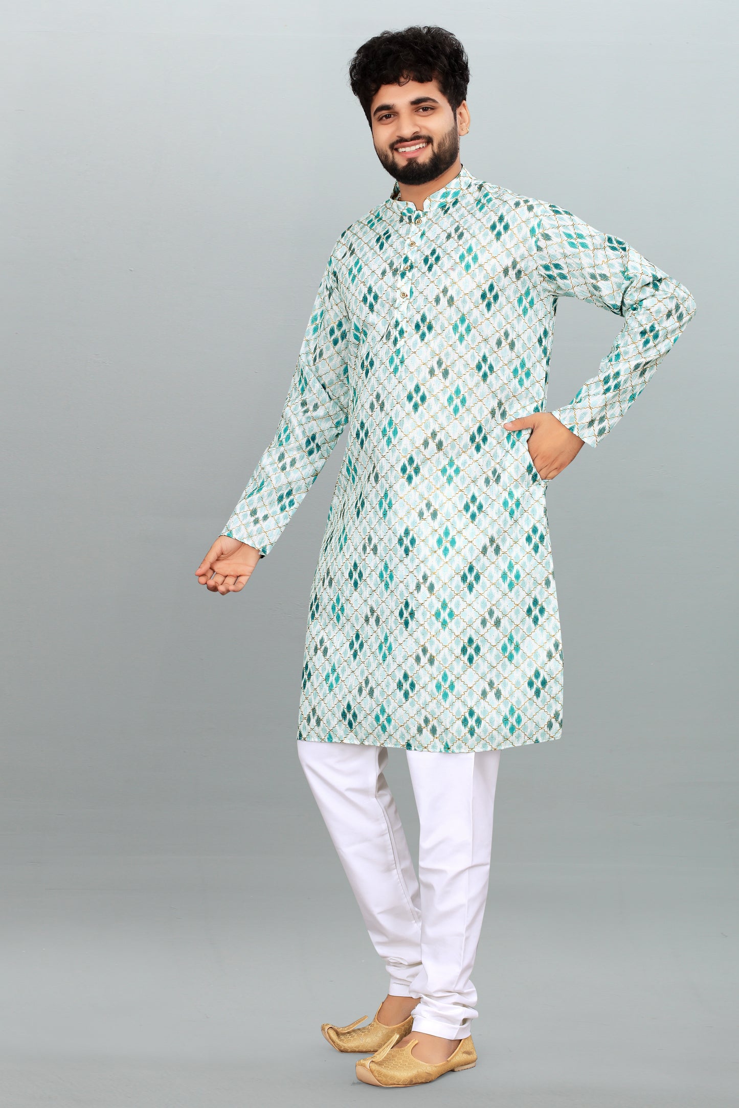 Men's White & Blue Printed And Cross Work Embroidered Kurta