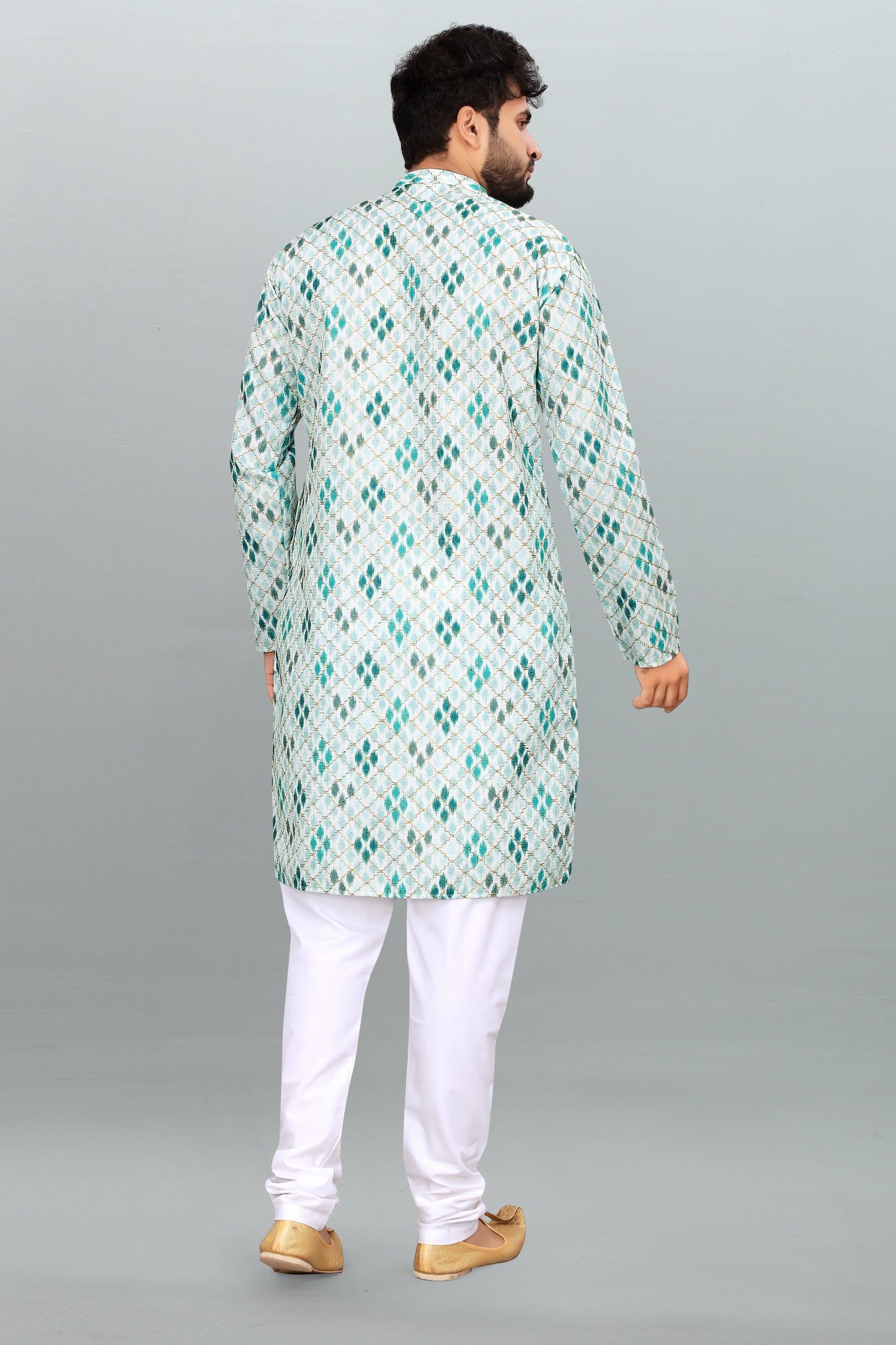 Men's White & Blue Printed And Cross Work Embroidered Kurta