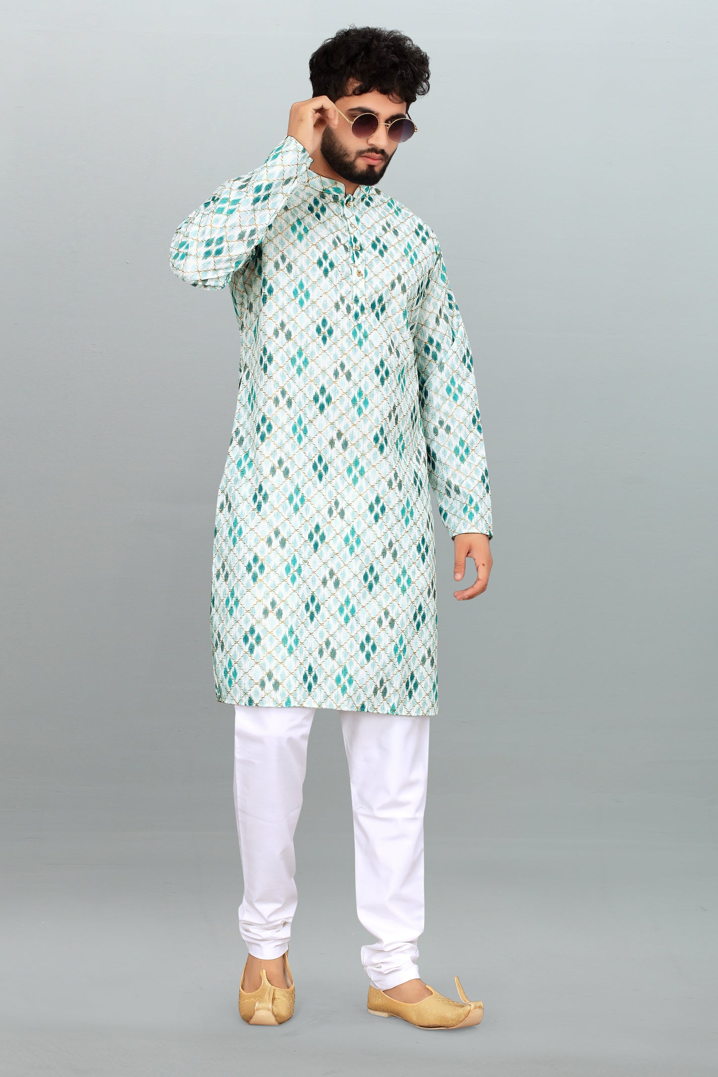 Men's White & Blue Printed And Cross Work Embroidered Kurta