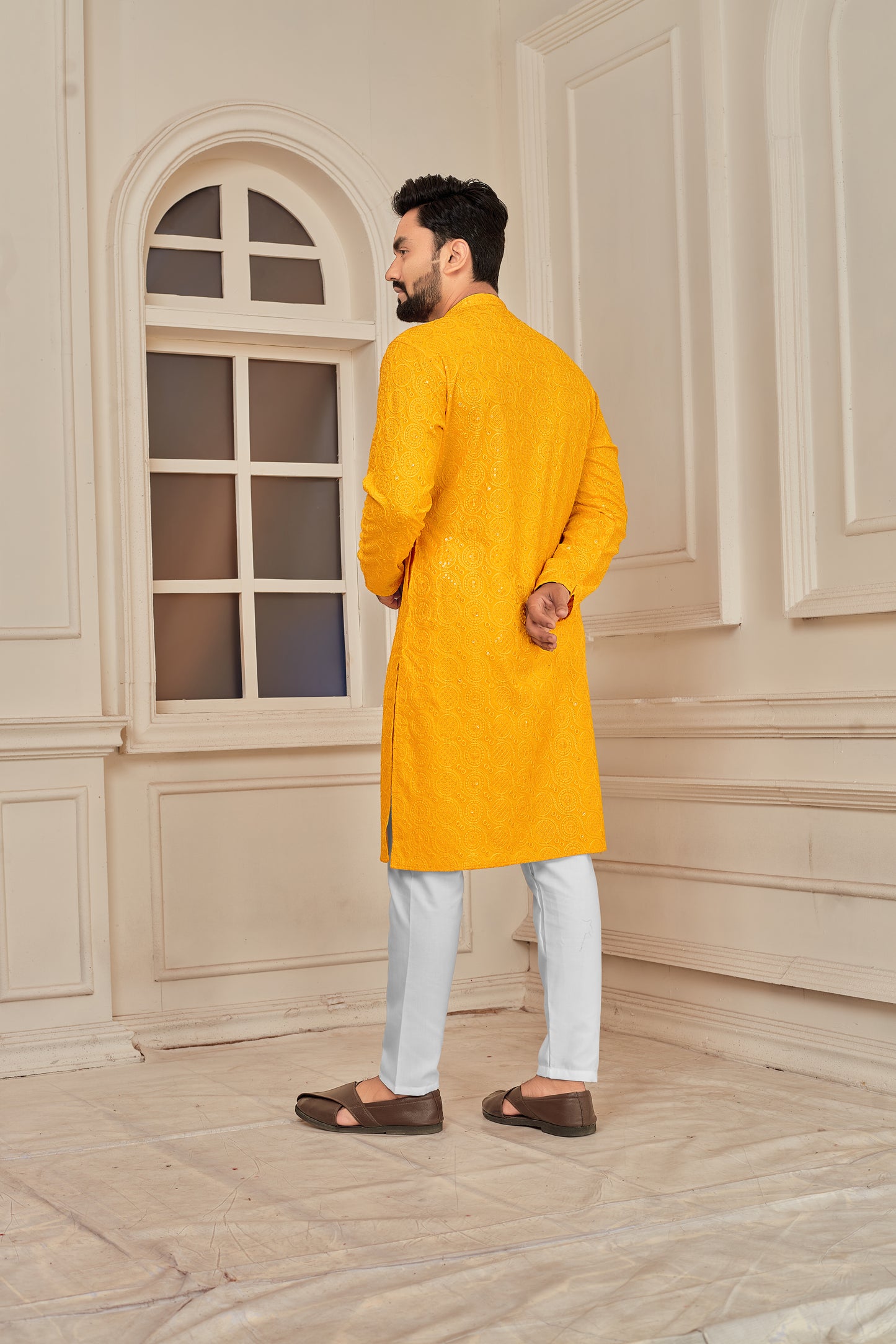 Men's Yellow Premium Embroidered Lakhnavi Kurta