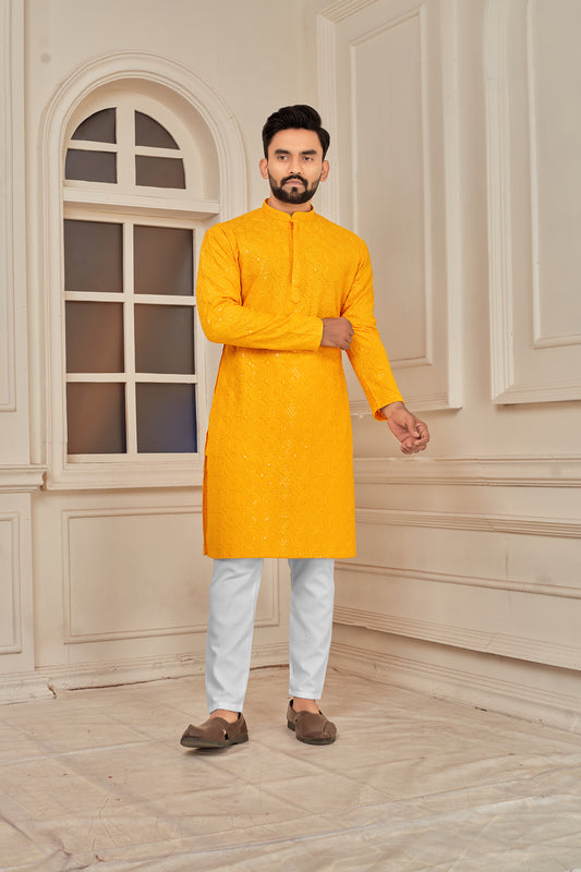 Men's Yellow Premium Embroidered Lakhnavi Kurta