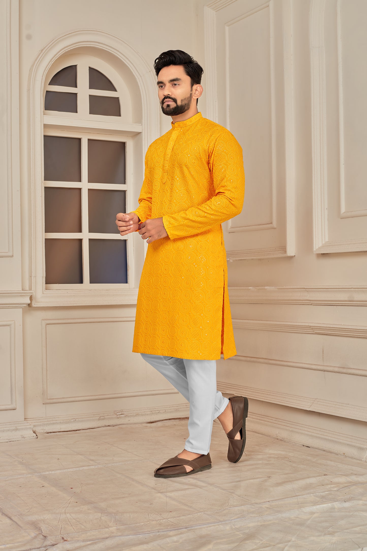 Men's Yellow Premium Embroidered Lakhnavi Kurta