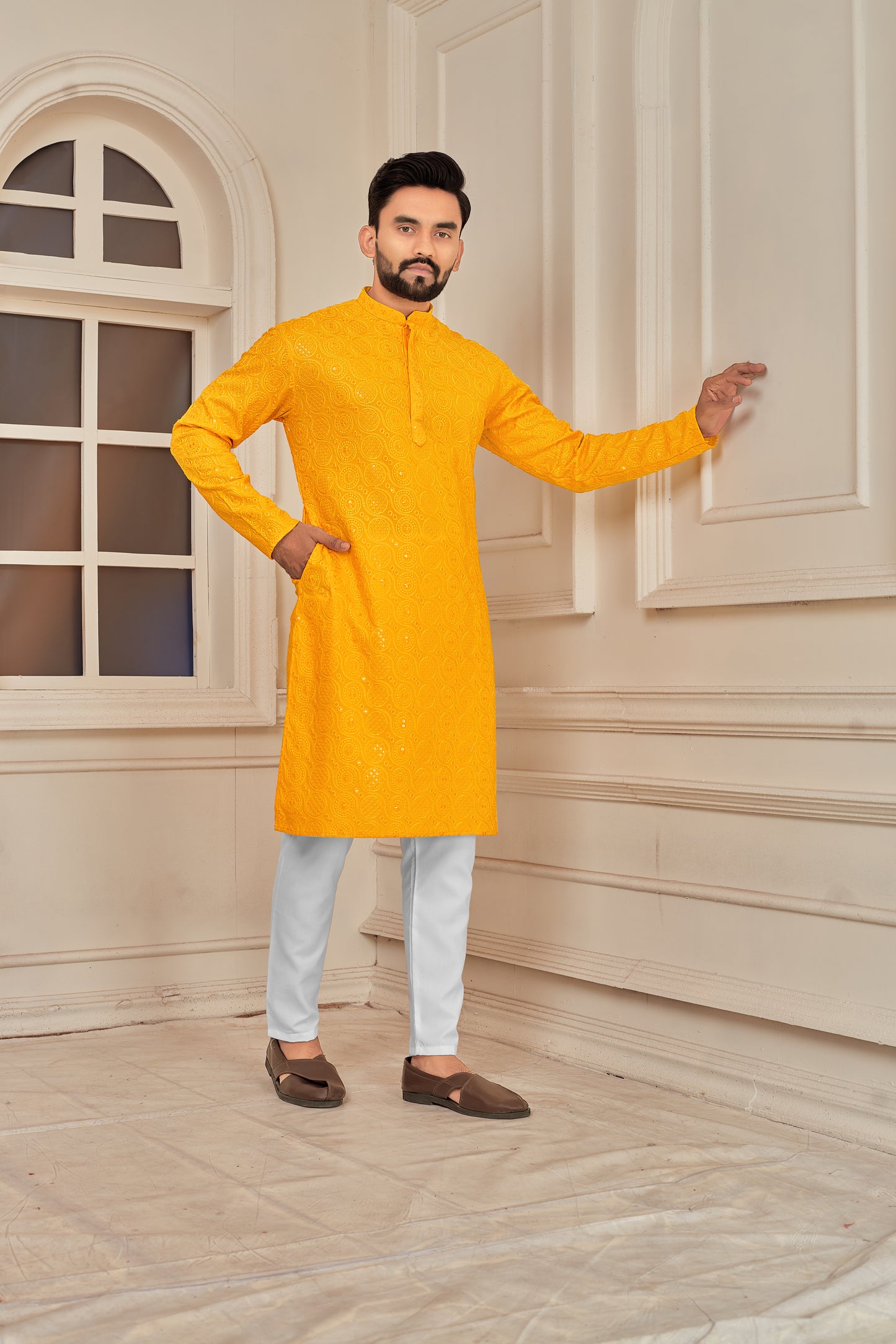 Men's Yellow Premium Embroidered Lakhnavi Kurta