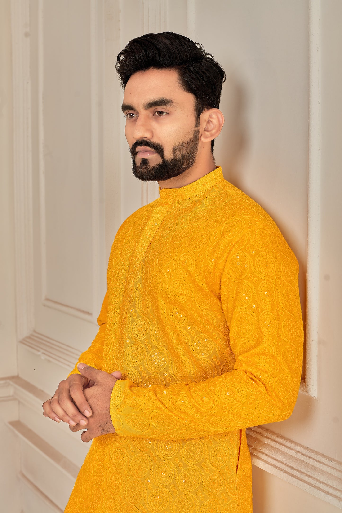 Men's Yellow Premium Embroidered Lakhnavi Kurta