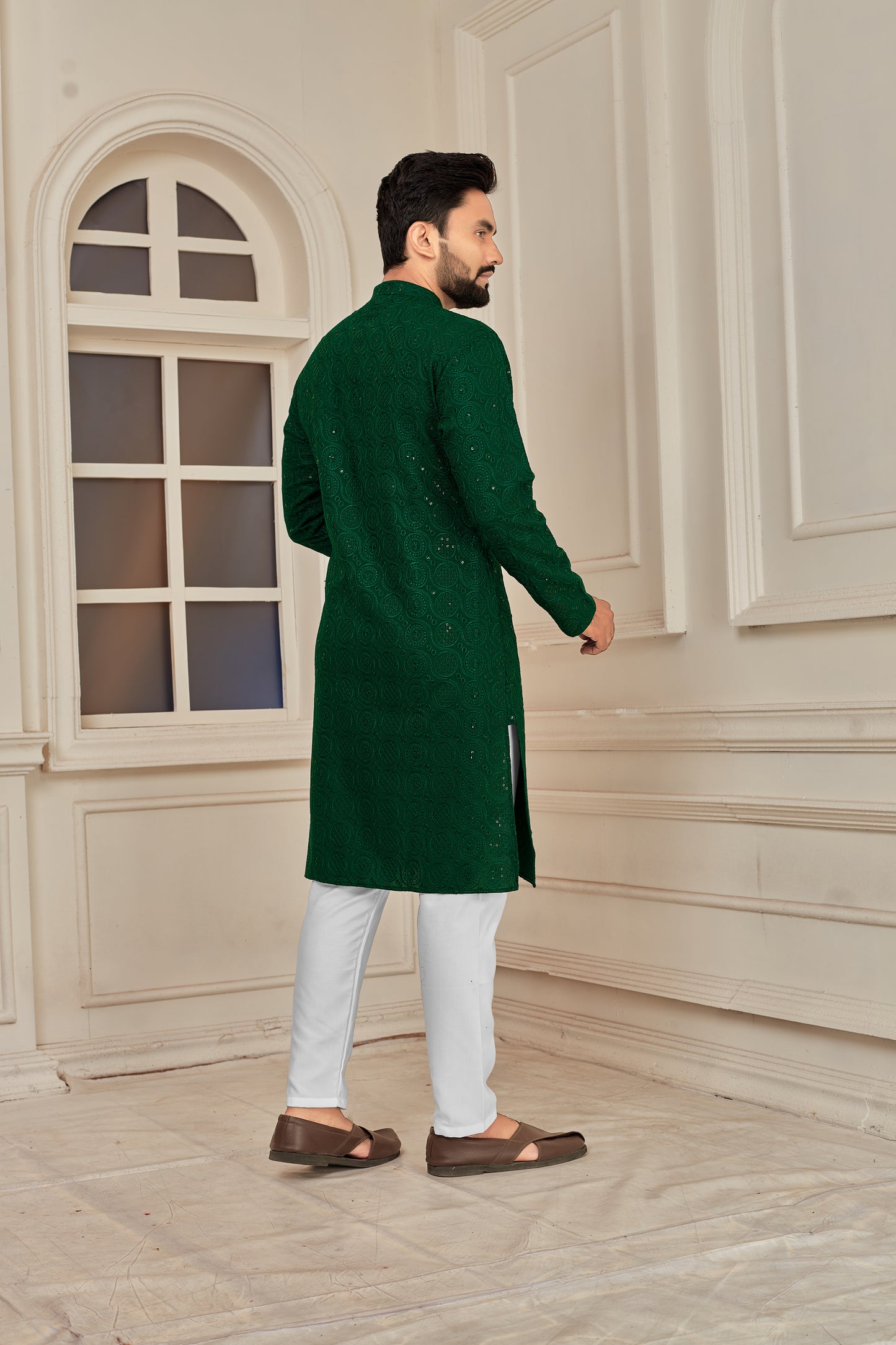 Men's Green Embroidered Lakhnavi Work Kurta