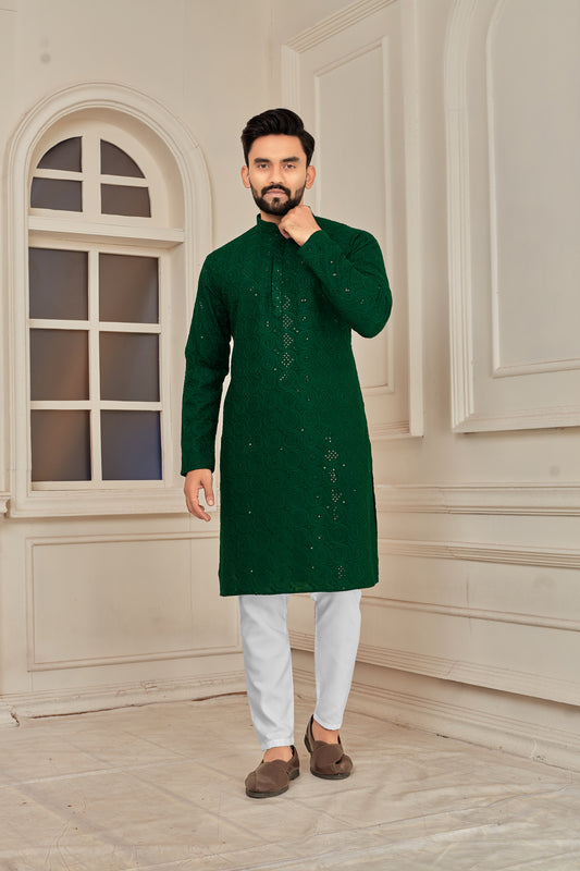 Men's Green Embroidered Lakhnavi Work Kurta