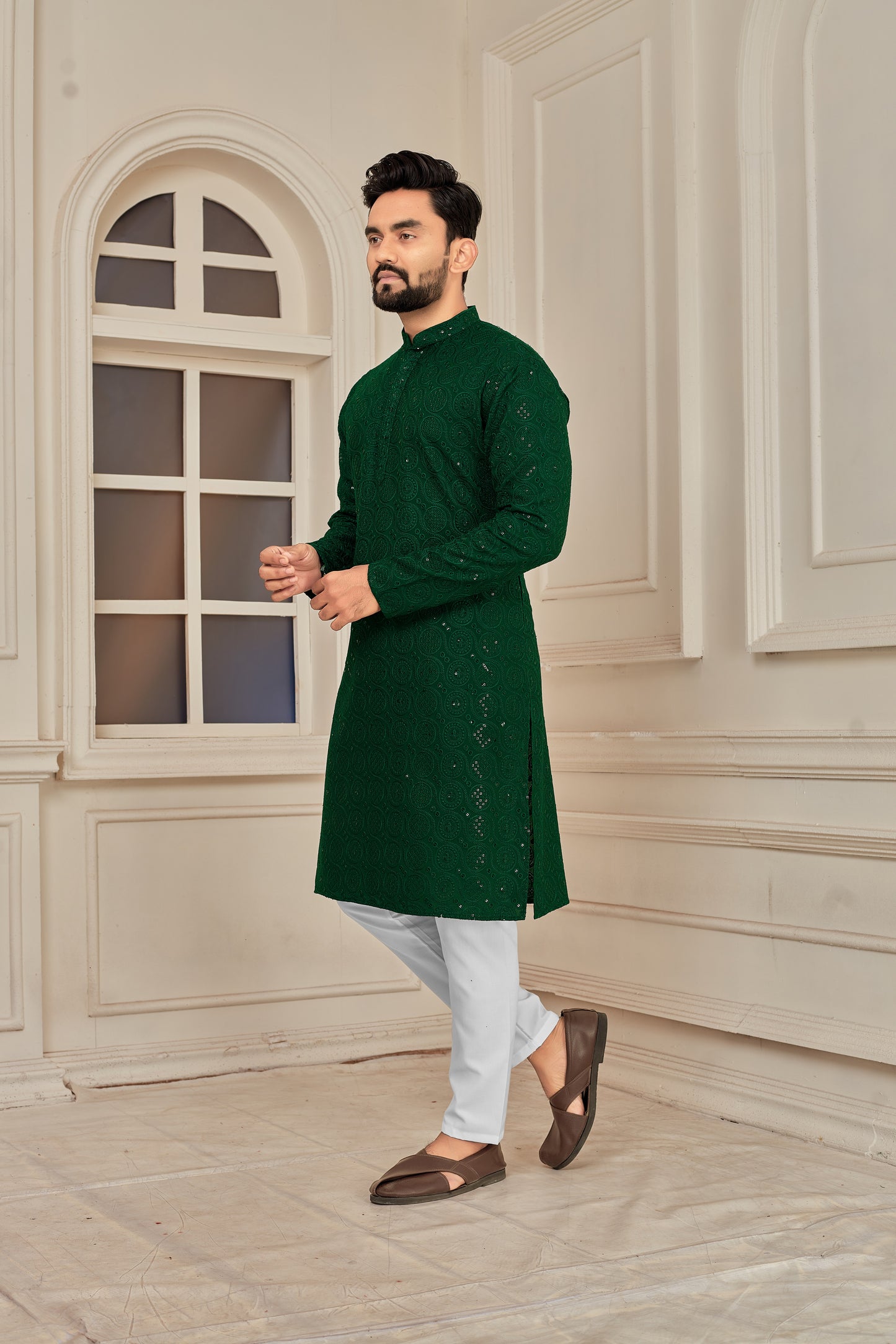 Men's Green Embroidered Lakhnavi Work Kurta