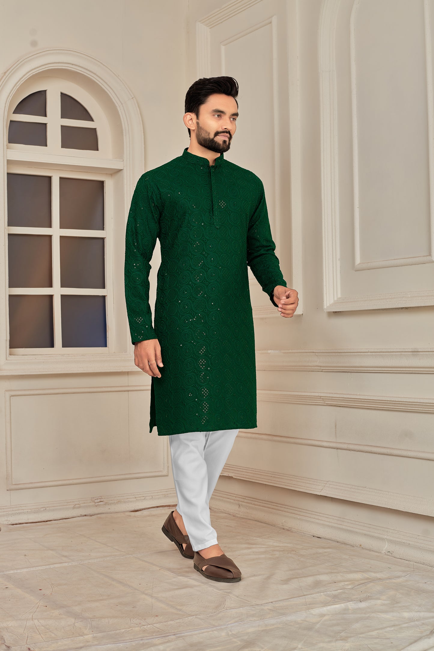 Men's Green Embroidered Lakhnavi Work Kurta