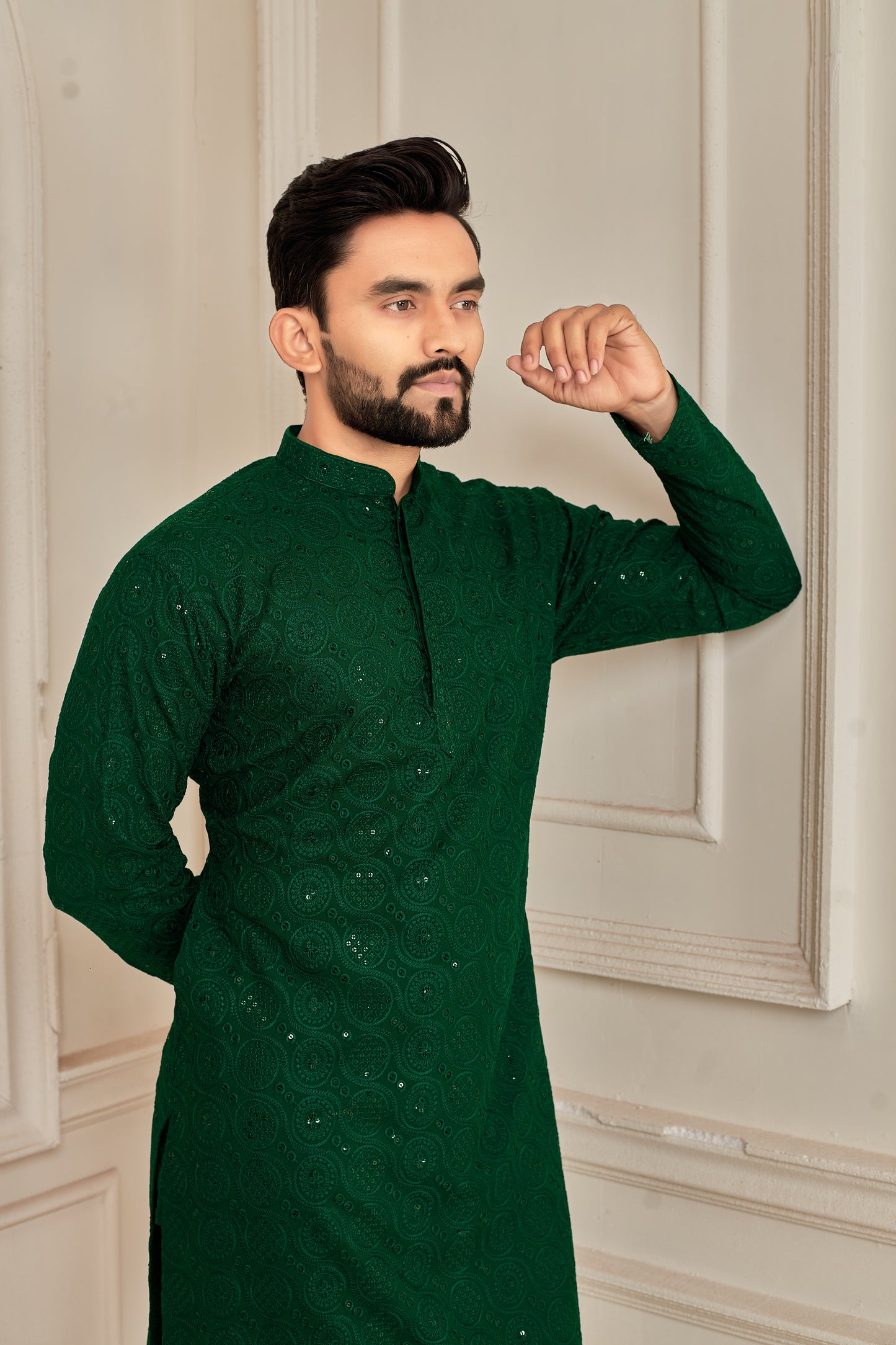 Men's Green Embroidered Lakhnavi Work Kurta