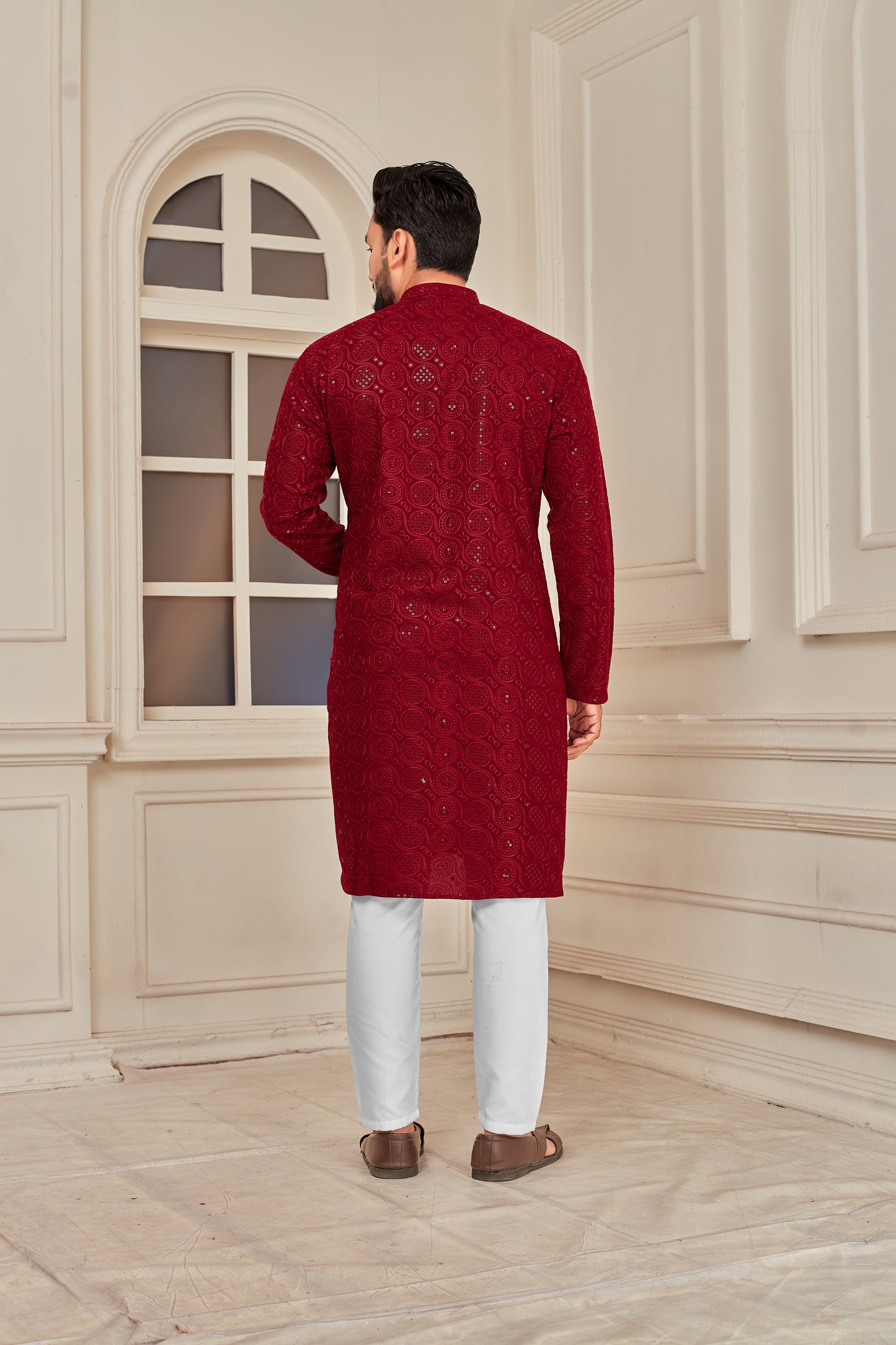 Men's Maroon Heavy Lakhnavi Embroidery Work Kurta