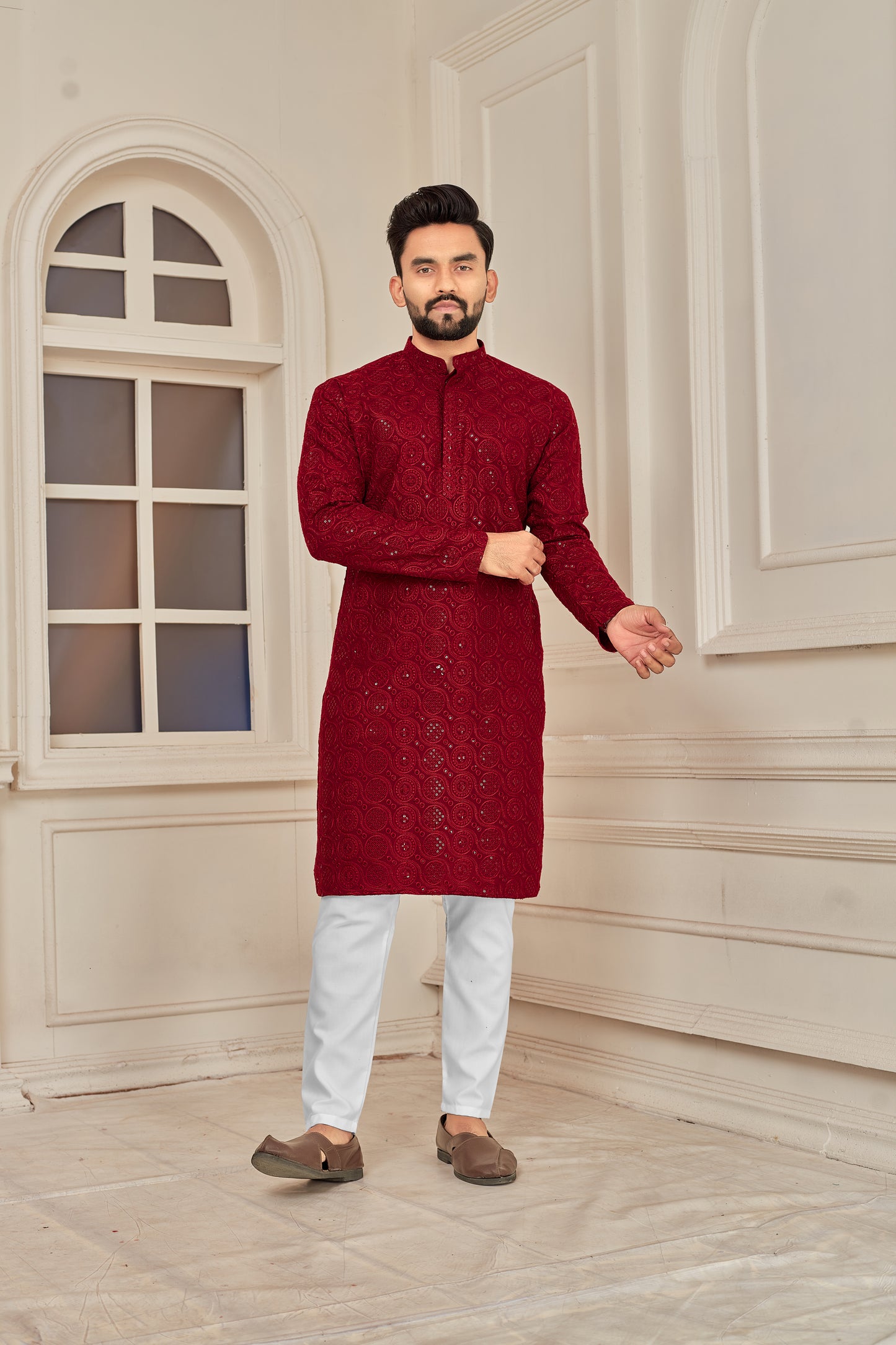 Men's Maroon Heavy Lakhnavi Embroidery Work Kurta