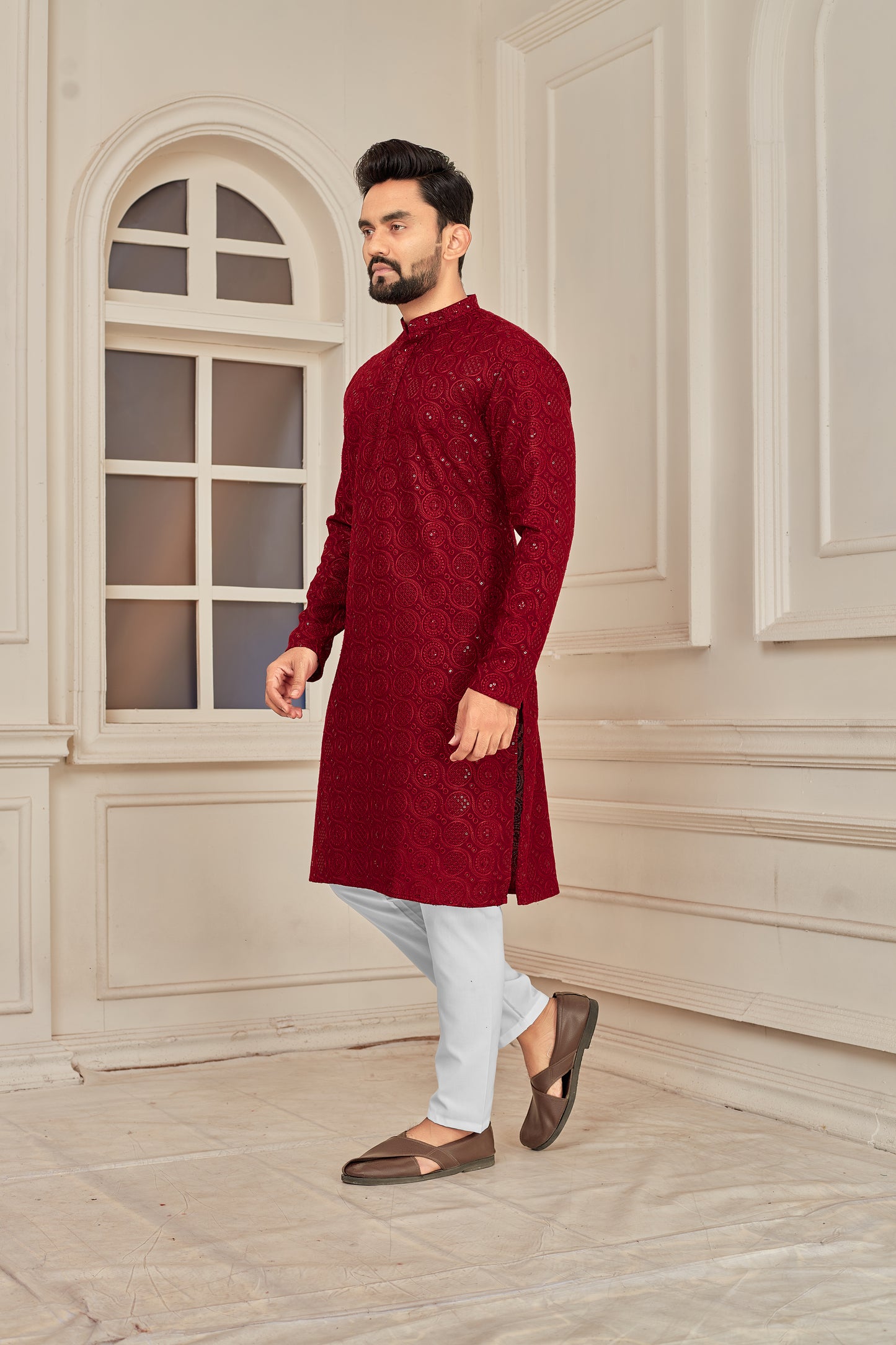 Men's Maroon Heavy Lakhnavi Embroidery Work Kurta